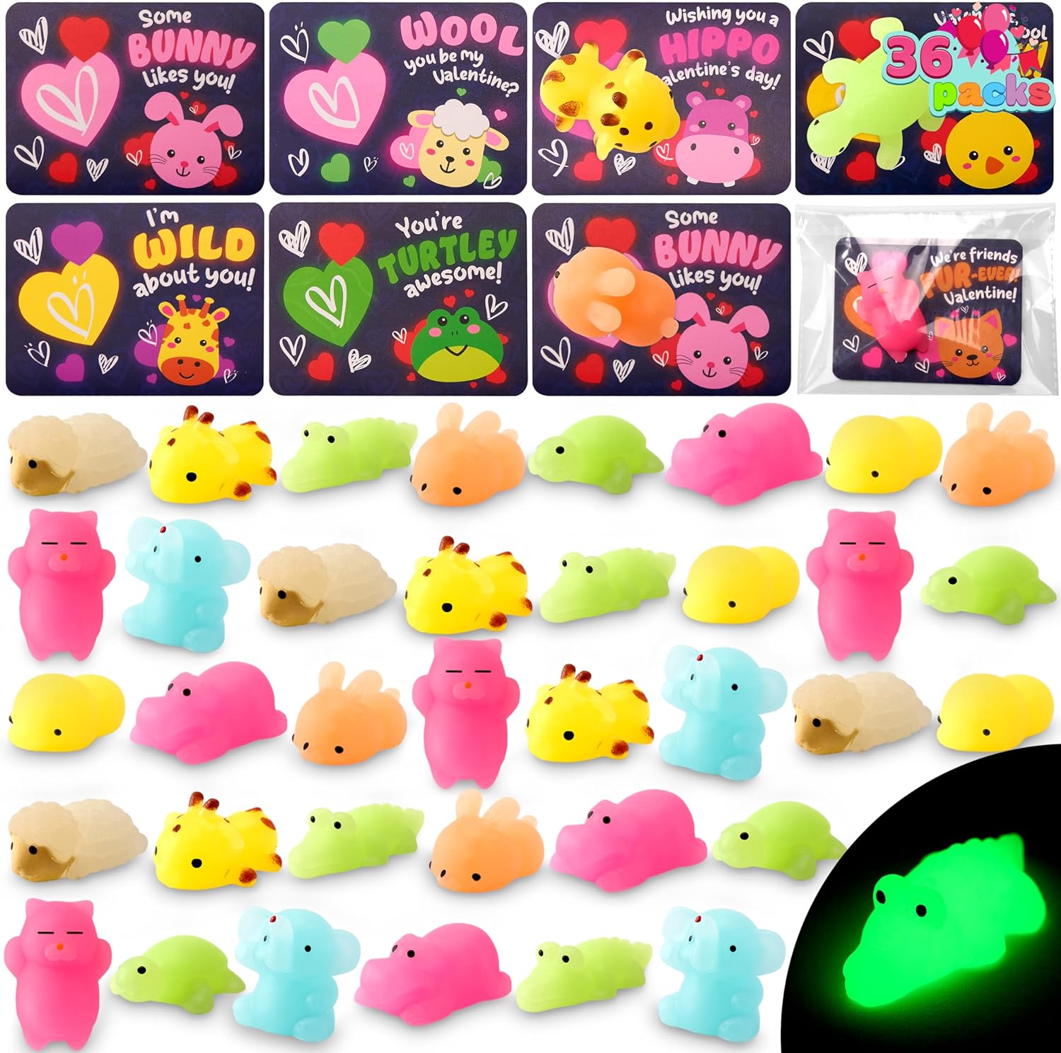 JOYIN 36 Packs Valentines Day 9-Design Gift Cards with Glow in Dark Mochi squishy toys, Stress Relief Fidget Toys, Glowing Squeeze Toys for Kids Valentine' Party Favors and Classroom Exchange