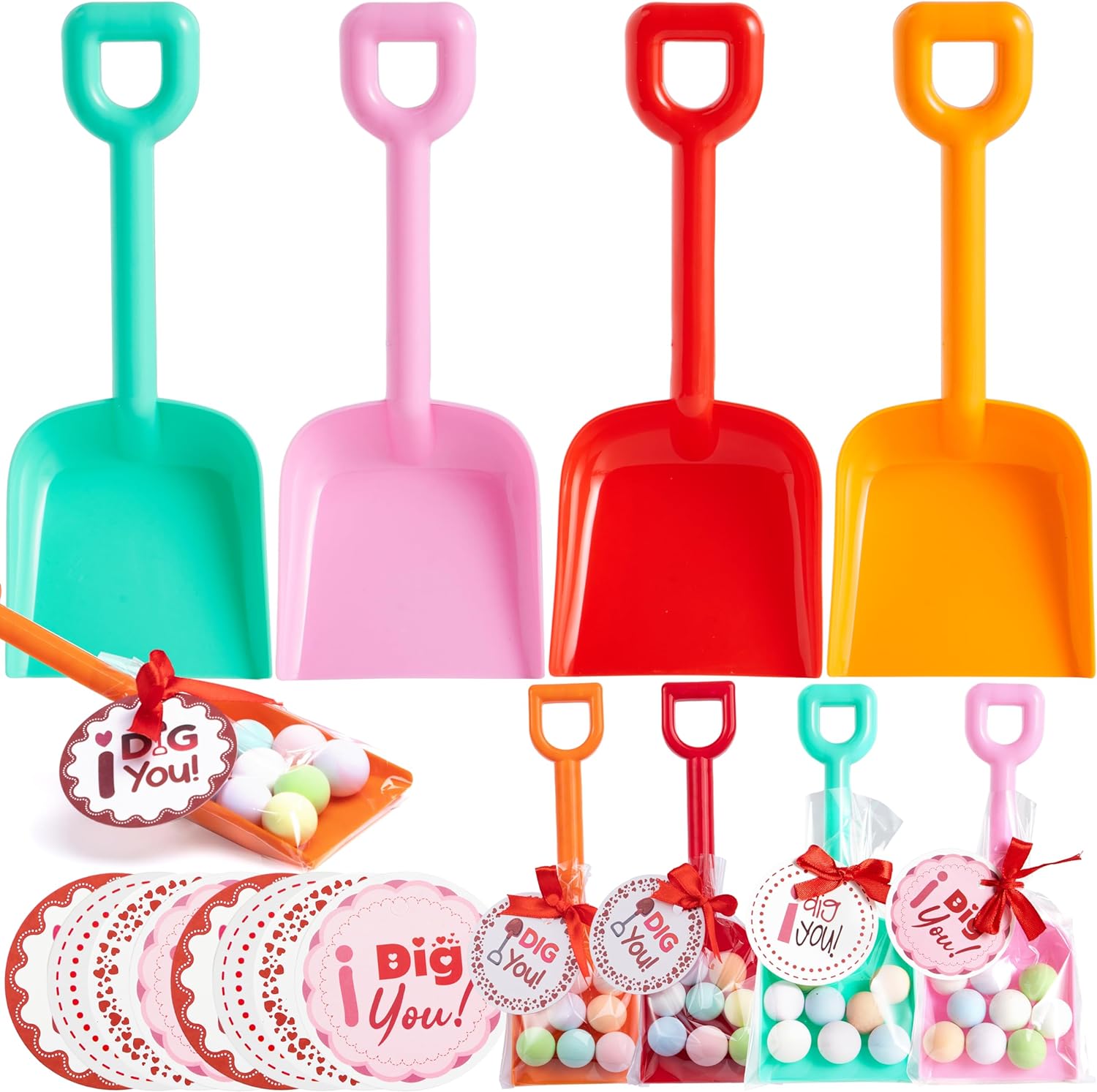 JOYIN 28 Pcs Toy Plastic Shovels 28 Valentines PE Bags, 28 Card Sheets I Dig You Valentine Stickers with Red Ribbon for Kids Valentines Day, Love Day Party Decor and Valentines Day Gifts