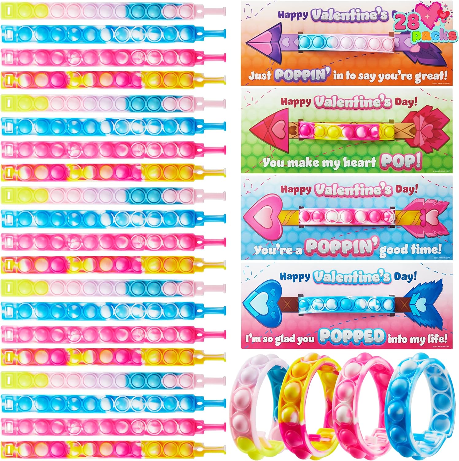 JOYIN 28 Packs Valentine' Day Cards with Pop Fidget Bracelet Pop Bubble Fidget Toy Bracelet Wristband Stress Relief Finger Press Toy for Kids Valentine' Classroom Exchange Prizes Party Favors