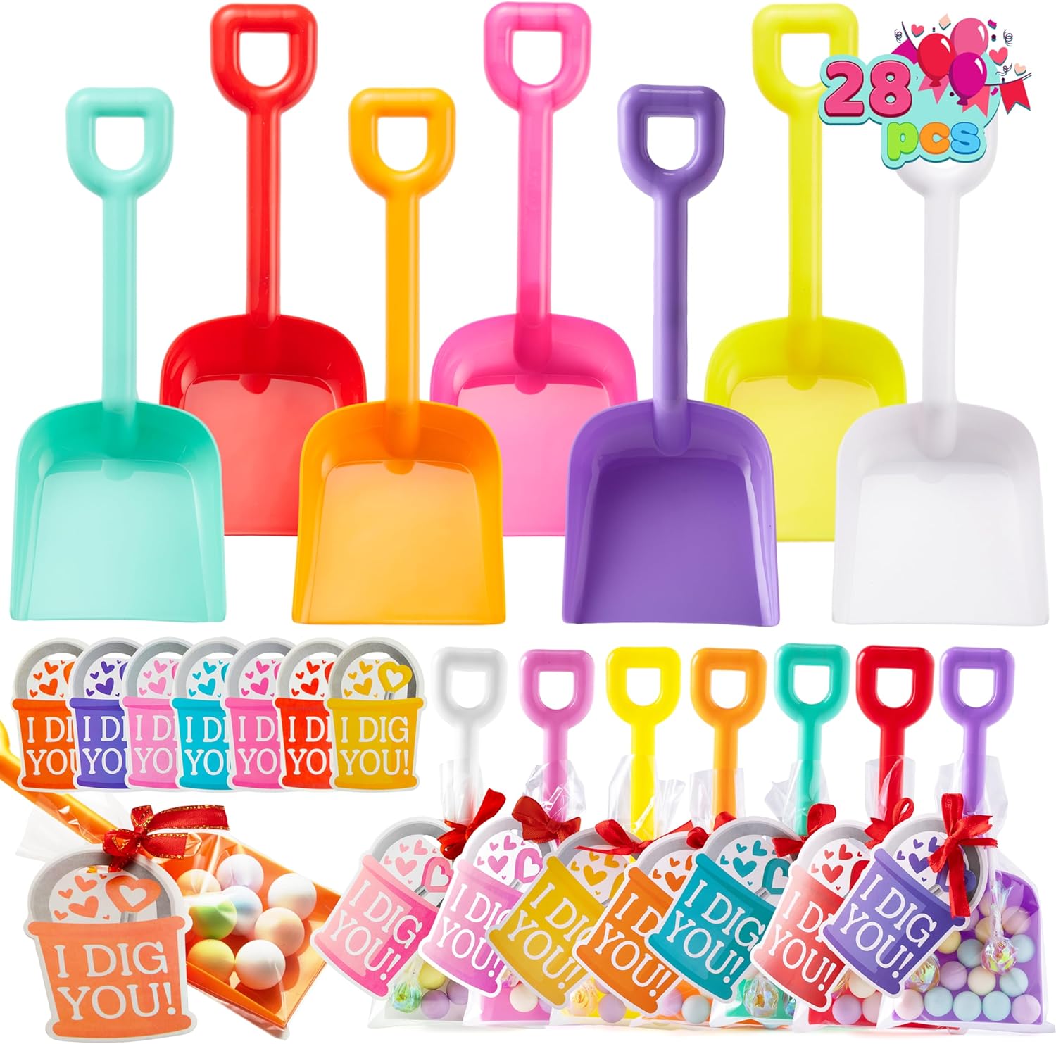 JOYIN 28 PCS Plastic Toy Shovels with I DIG YOU Cards, 28 Candy Bags with Ribbon for Valentine' Party Favors Supplies, Valentine' Toys, Classroom Exchange Prizes Valentines Gifts