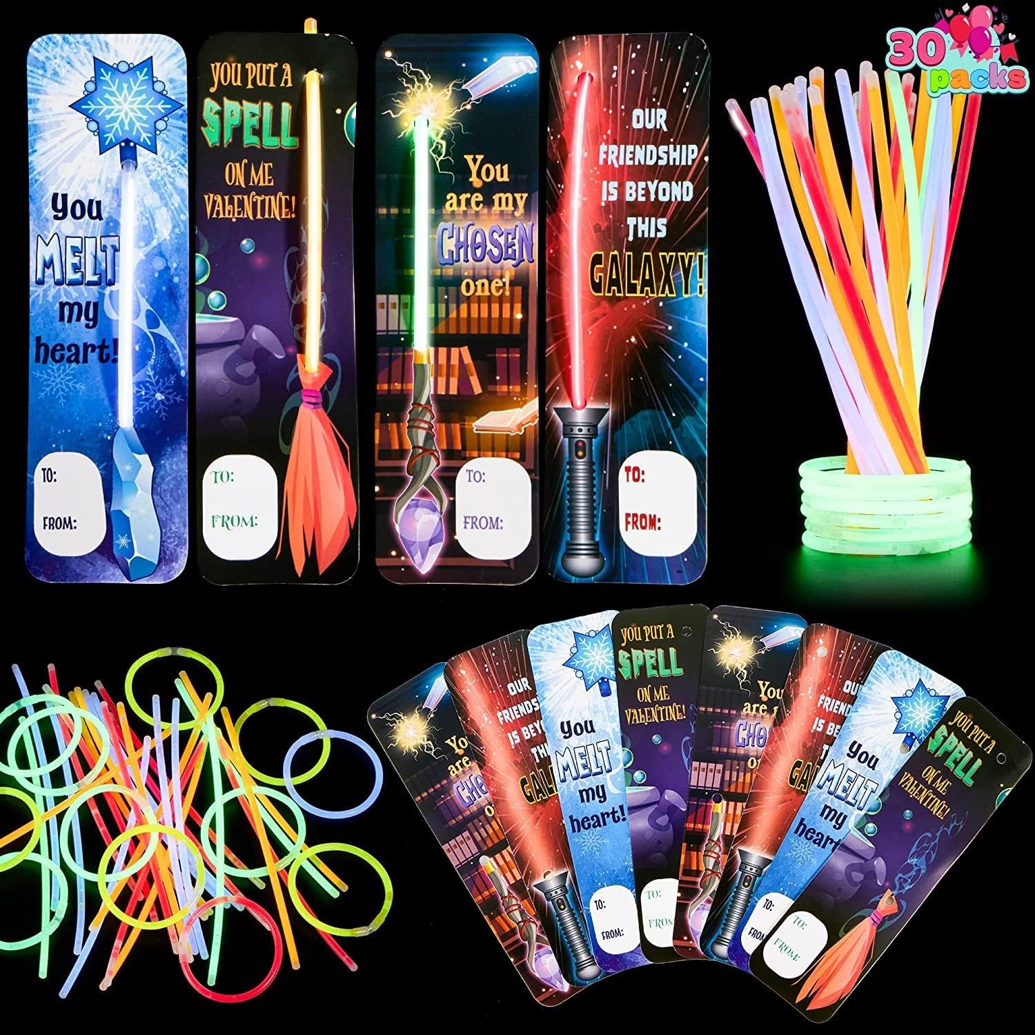 JOYIN 30 Packs Valentine' Day Gift Cards with Glow Sticks for Kids, Valentines Classroom Exchange, Party Favors,Valentine Classroom School Prize