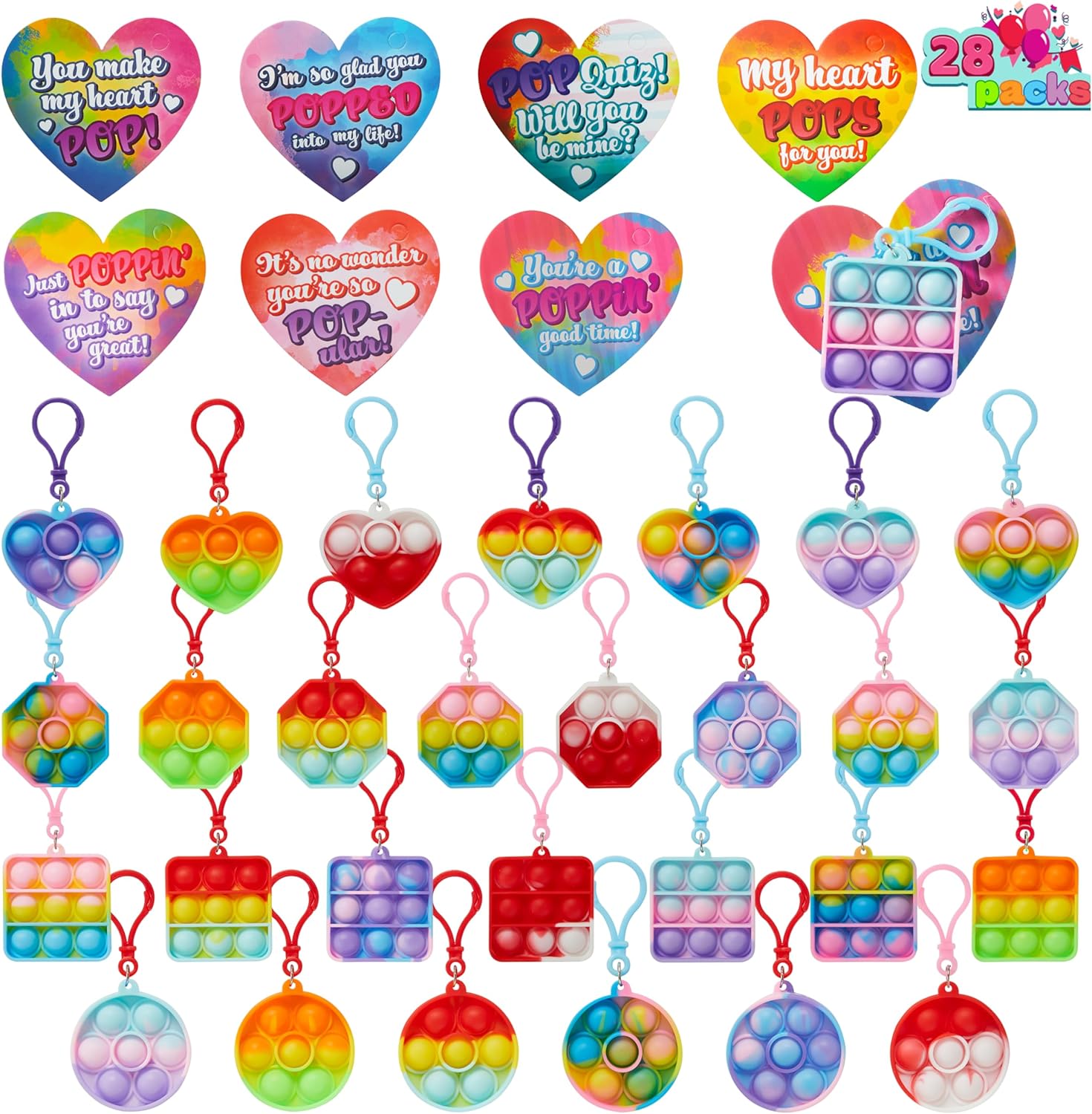 JOYIN 28 Pcs Valentine' Gift Cards with Pop Bubble Keychains for Kids, Pop Keychain Stress Relief Fidget Toys with Cards for Kids Valentines Classroom Exchange Prizes, Valentine' Party Favors