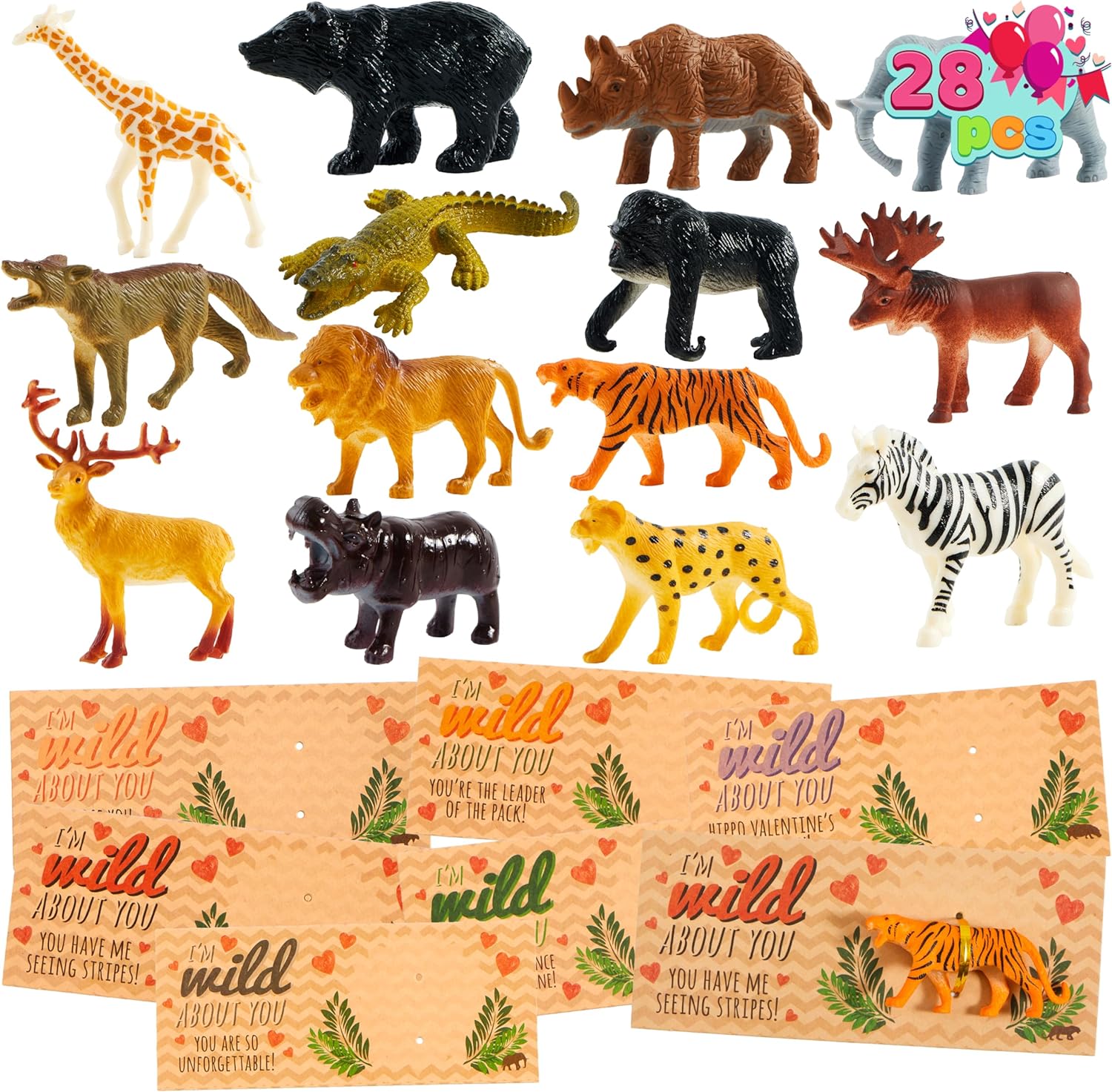 JOYIN 28Pack Valentines Day Gifts Cards with Zoo Animals Figures for Kids, Valentine Party Favors for Classroom Exchange, Valentine' Greeting Cards School Game Prize Toys