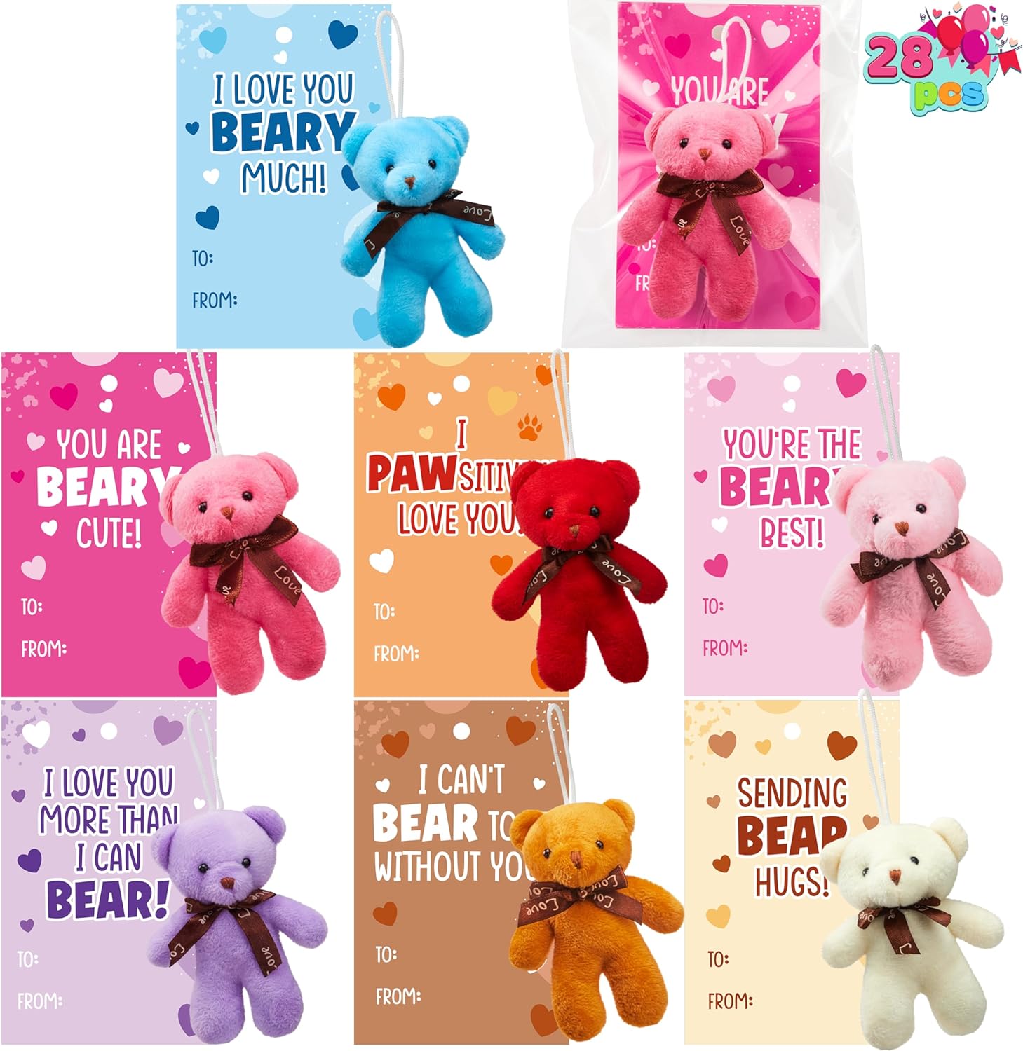 JOYIN 28 Packs Valentine' Day Gift Cards with Mini Bears Plush Toy Party Favors, Mini Stuffed Animal Plush Toys Plush Toy for Valentines Day Gifts, Kids Classroom School Exchange Prize (brown bear)