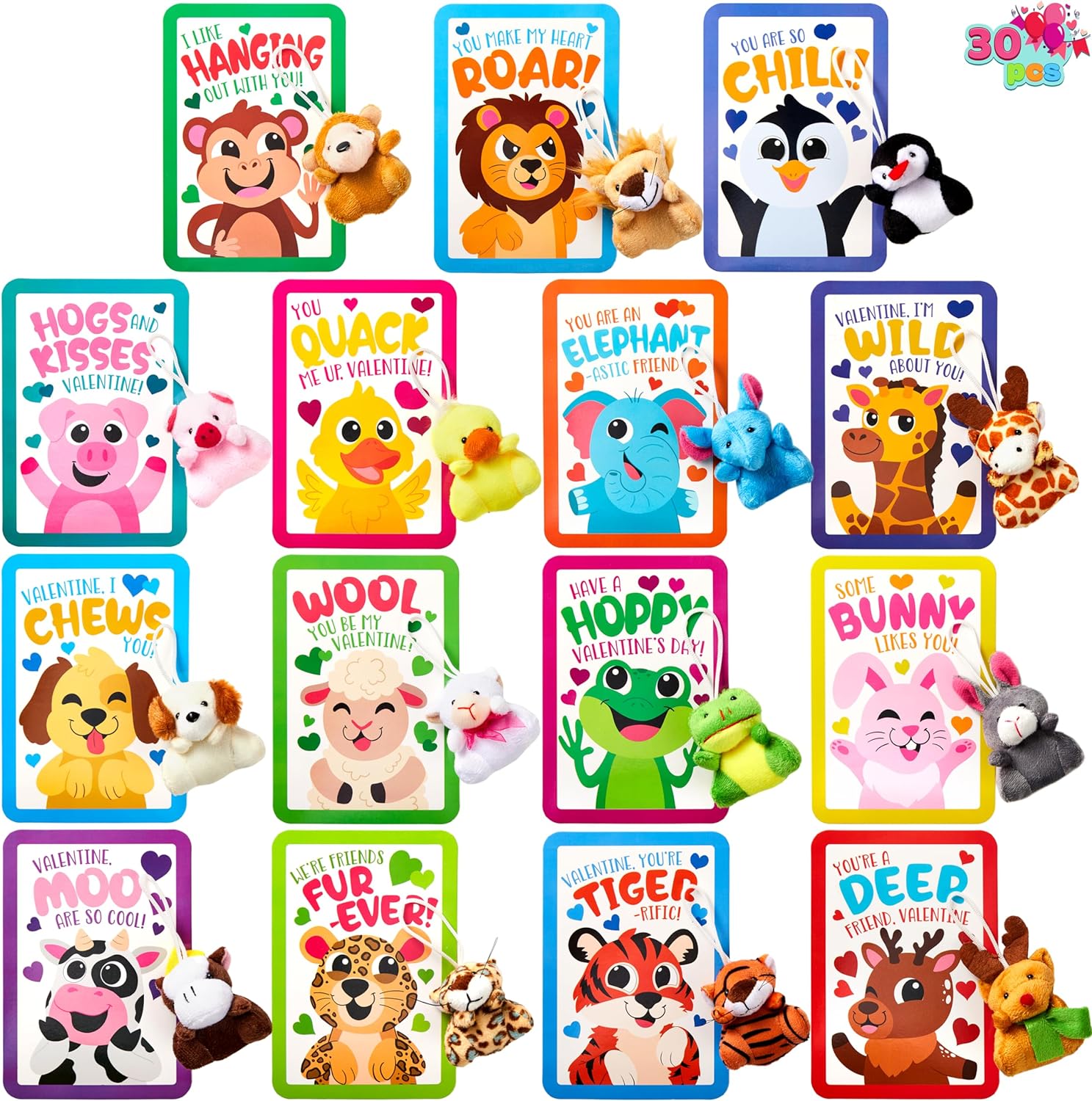 JOYIN 30 Packs Valentine' Day Gifts Cards with Animal Plush Toy for Kids, Valentine' Plush Keychain Toy for Classroom Exchange Cards and Party Favor, Valentine Greeting Cards, Game Prizes