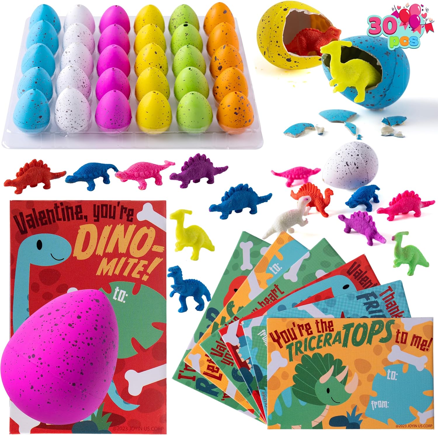 JOYIN 30 Packs Valentines Day Cards with Hatch Growing Dinosaur Eggs Toys with hangers for Valentine Kids Party Favor, Classroom Exchange Prizes, Valentines Greeting Cards