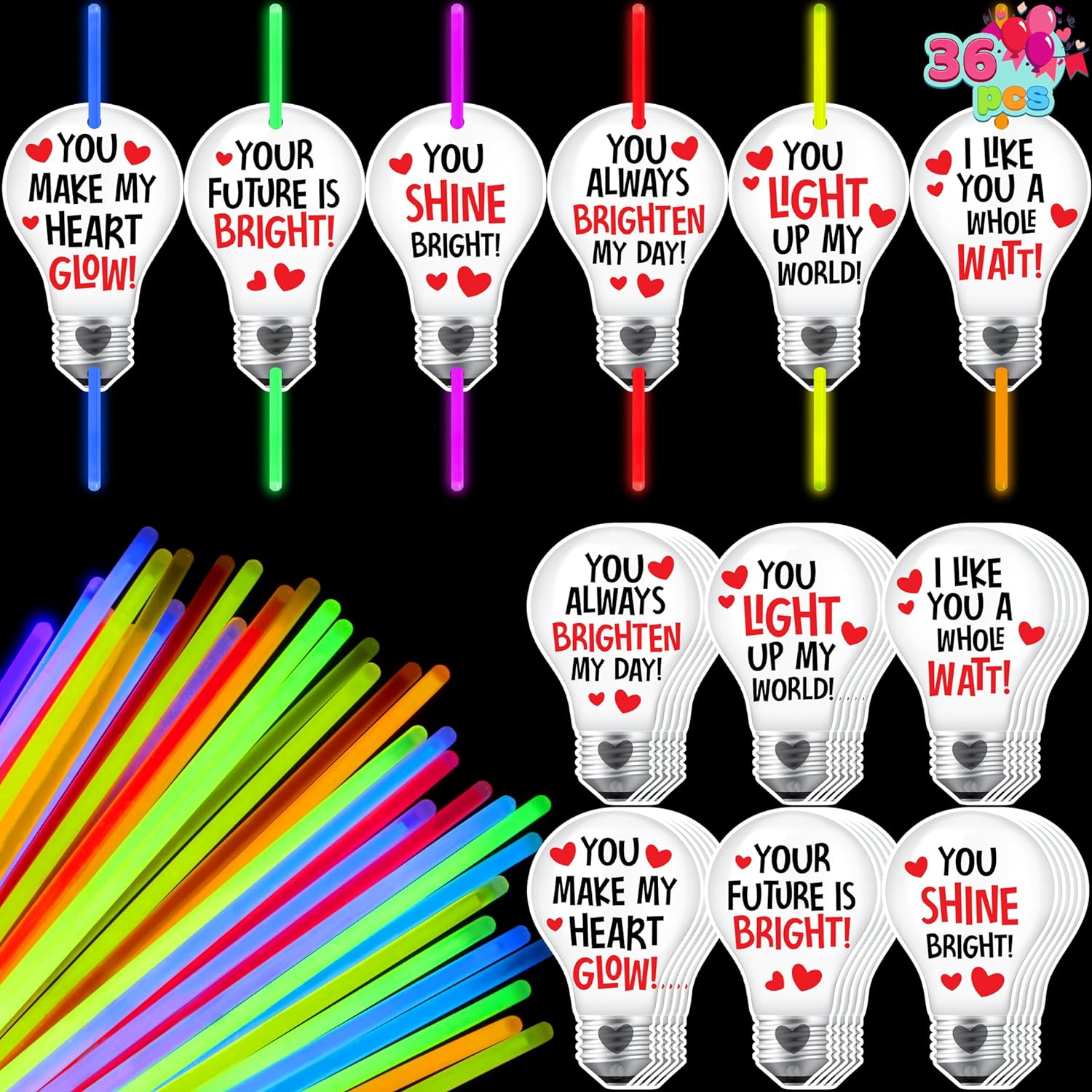 JOYIN 36 Packs Neon Valentines Day Gift Bulb Cards with Glow Sticks, Glow Necklaces for Valentine' Party Favor, Valentine Classroom Exchange Cards, Valentine School Prize