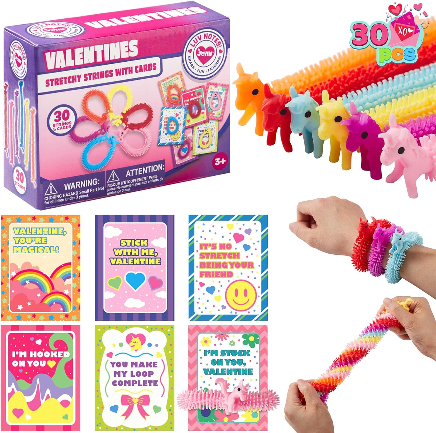 JOYIN 30 Pack Valentine' Day Gift Cards with Multi-color Stretchy String Toys Set, Unicorn Noodle Toys, Stress Relief Fidget Toys for Kids Valentine Party Favors, Classroom Gift Exchange, Game Prize