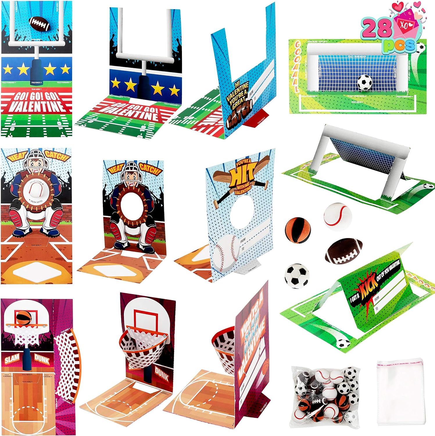 JOYIN 28 pcs Fun Valentine Sports Game Card and Erasers for Kids Party Favor, Classroom Exchange Prizes, Valentines Greeting Cards