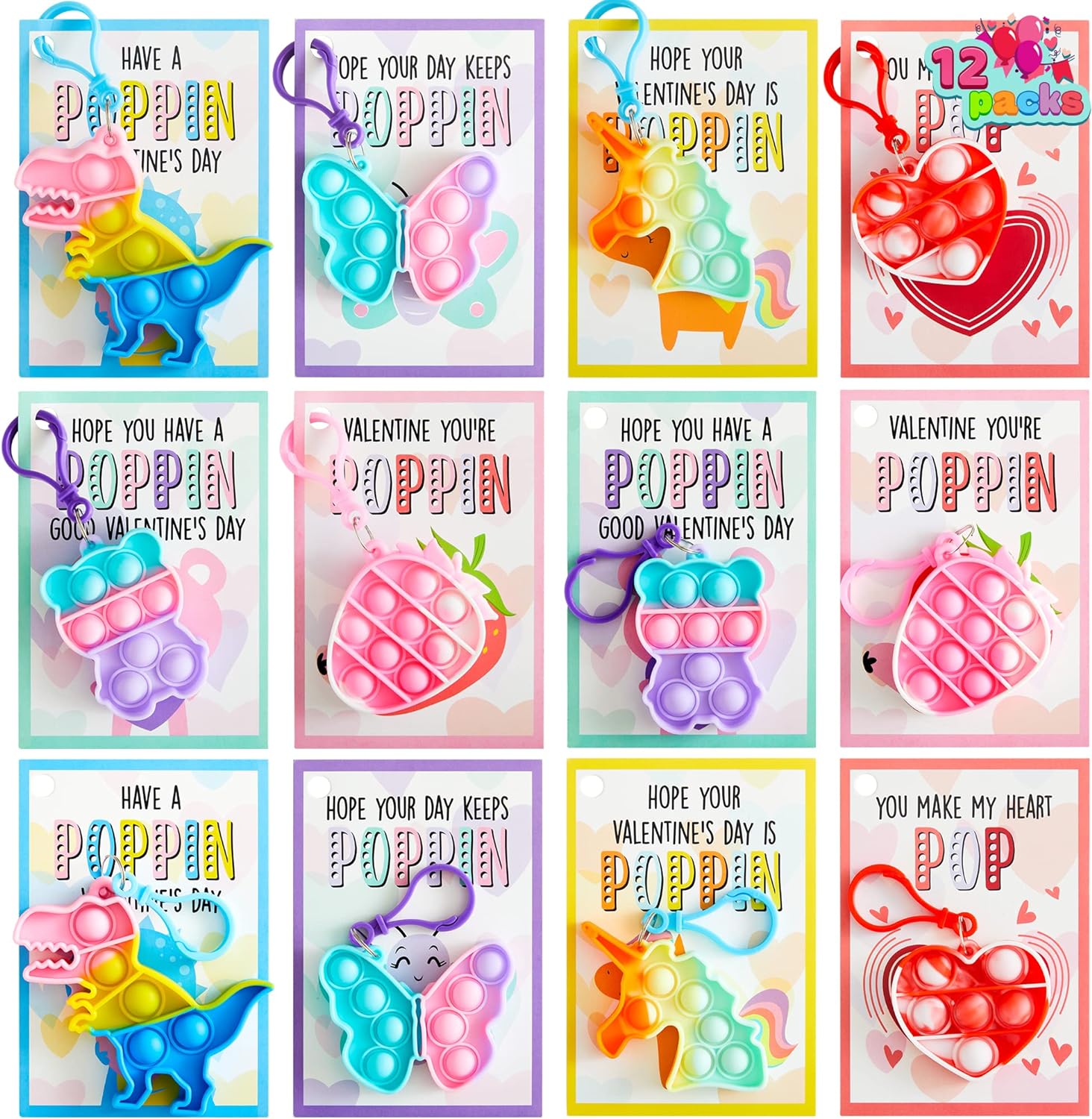 JOYIN 12 Packs Valentine' Day Cards with pop Fidget Keychain Toys, Stress Anxiety Relief Fidget Toys with Cards for Kids Valentine' Classroom Exchange Prizes, Valentine' Day Party Favors