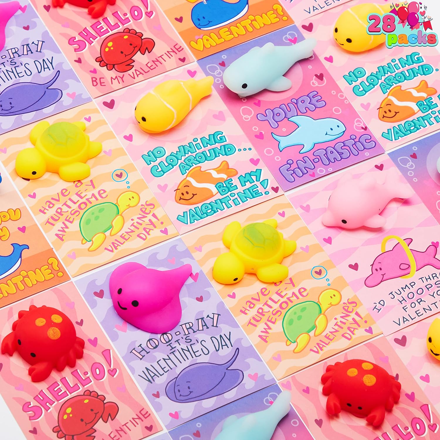 JOYIN 28 Pack Valentines Day Gift Cards with Kawaii Mochi Squishy Toys, Sea Animals Mochi Squeeze Toys, Stress Relief Fidget Toys for Kids Valentine Classroom Exchange, Party Favors Prizes