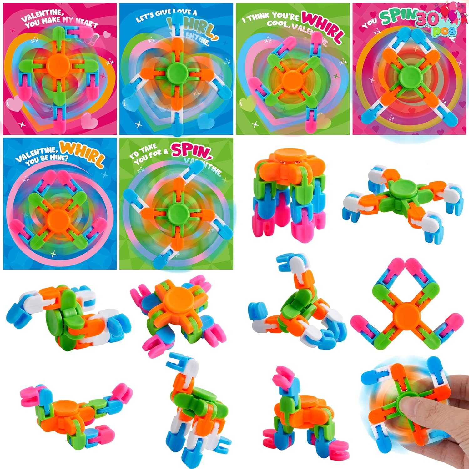 JOYIN 30 Packs Valentine' Day 6-Design Gift Cards with Fidgets Spinners, Deformable DIY Spinners Fingertip, Stress Relief Fidget Toys for Kids and Valentine' Party Favors, Classroom Gift Exchange