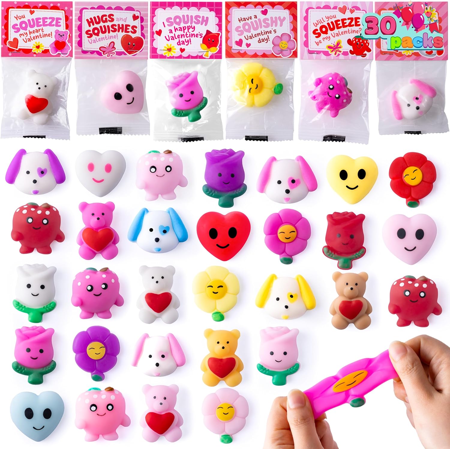 JOYIN 30 Packs Valentines Day Gift Cards with Mochi Squishy Toys, Kawaii Squeeze Toys with 6-Design Hangers, Stress Relief Fidget Toys for Kids Valentine' Party Favors, School Classroom Exchange