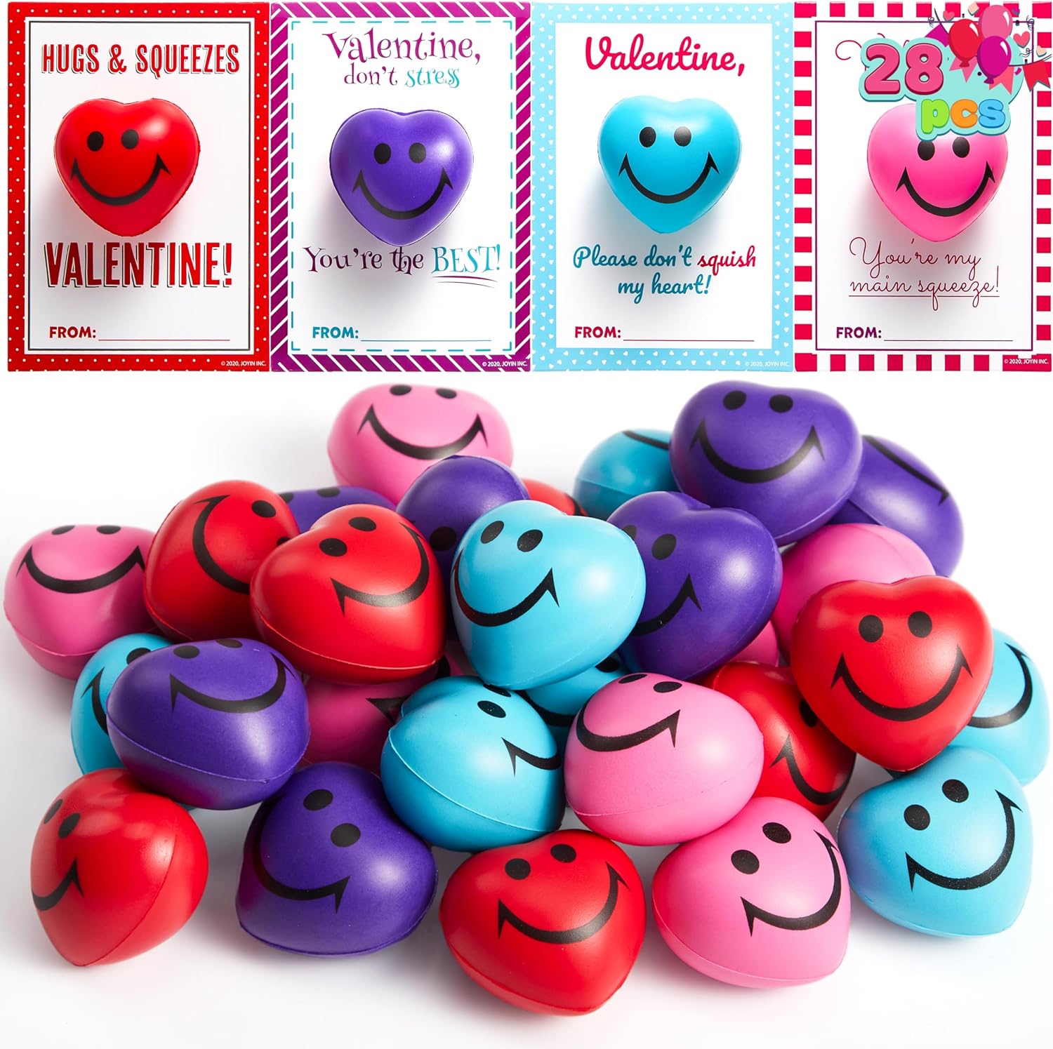 JOYIN 28 Packs Heart Shape Stress Ball with Cards Stress Relief Fidget Toy for Valentine Party Favors, Classroom Prize Supplies, Valentines Greeting Cards, Valentine Exchange Gifts