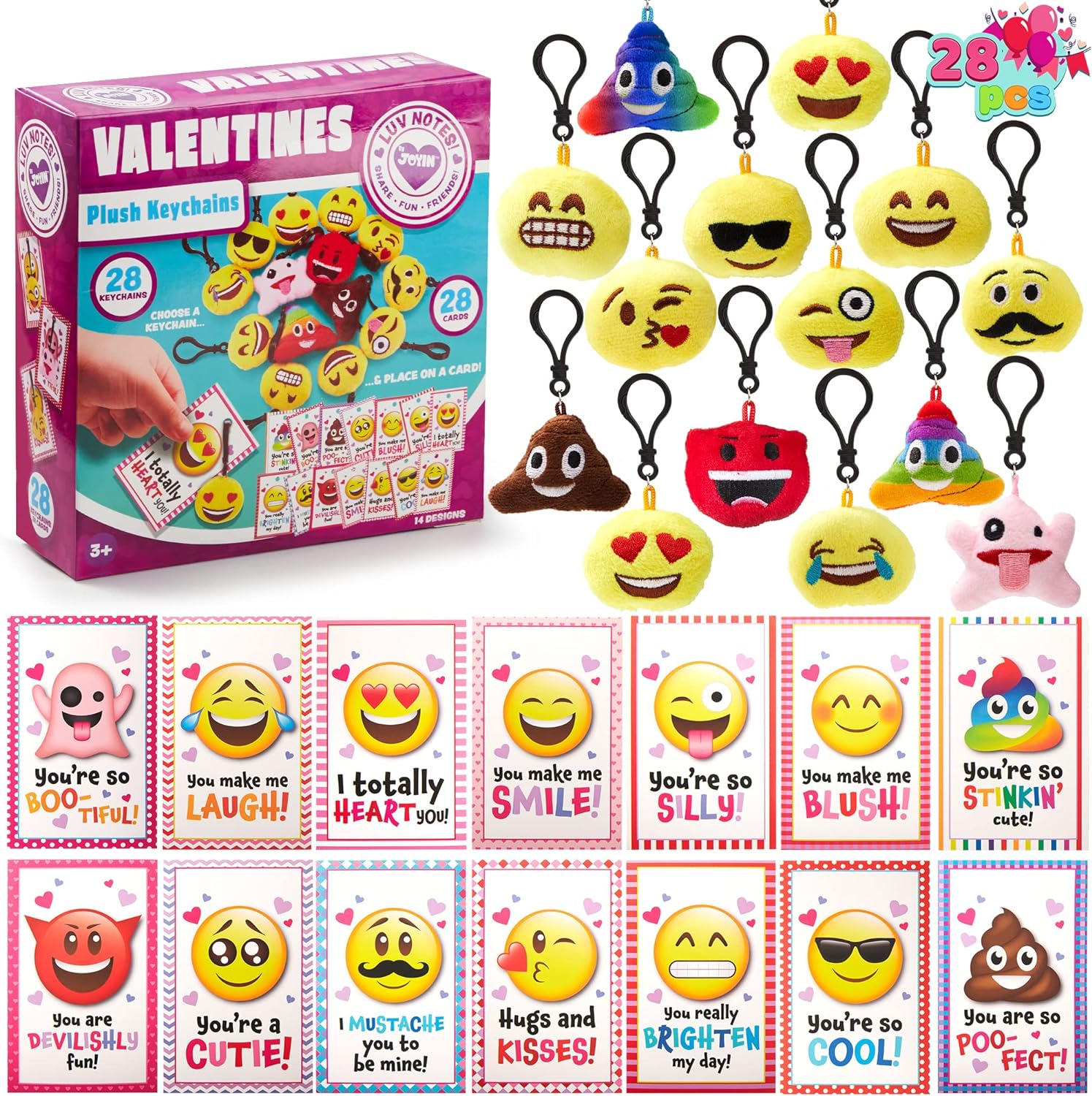 JOYIN 28 Pack Valentines Day Gifts Cards with Expression Face Plush Key-chain, Greeting Cards with Plush for Valentine Classroom Exchange, Kids Party Favor, Game Prizes and School Rewards