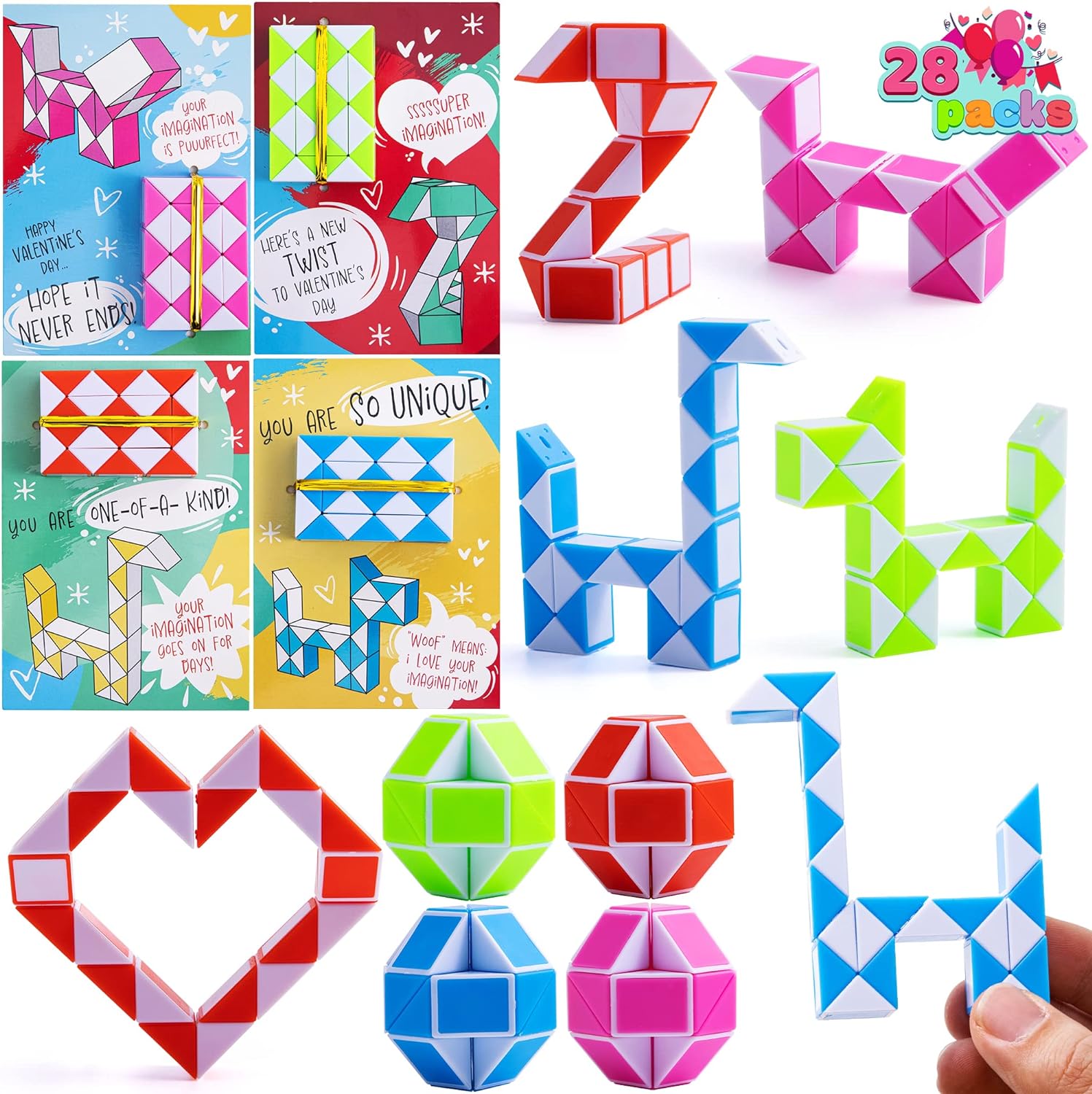 JOYIN 28 PacksValentine' Day Cards with Snake Cube Twist Toys for Kids, Snake Cube Twist Puzzle Magic Stress Relief Fidget Toys with Cards for Valentine Classroom Exchange Prizes Party Favor