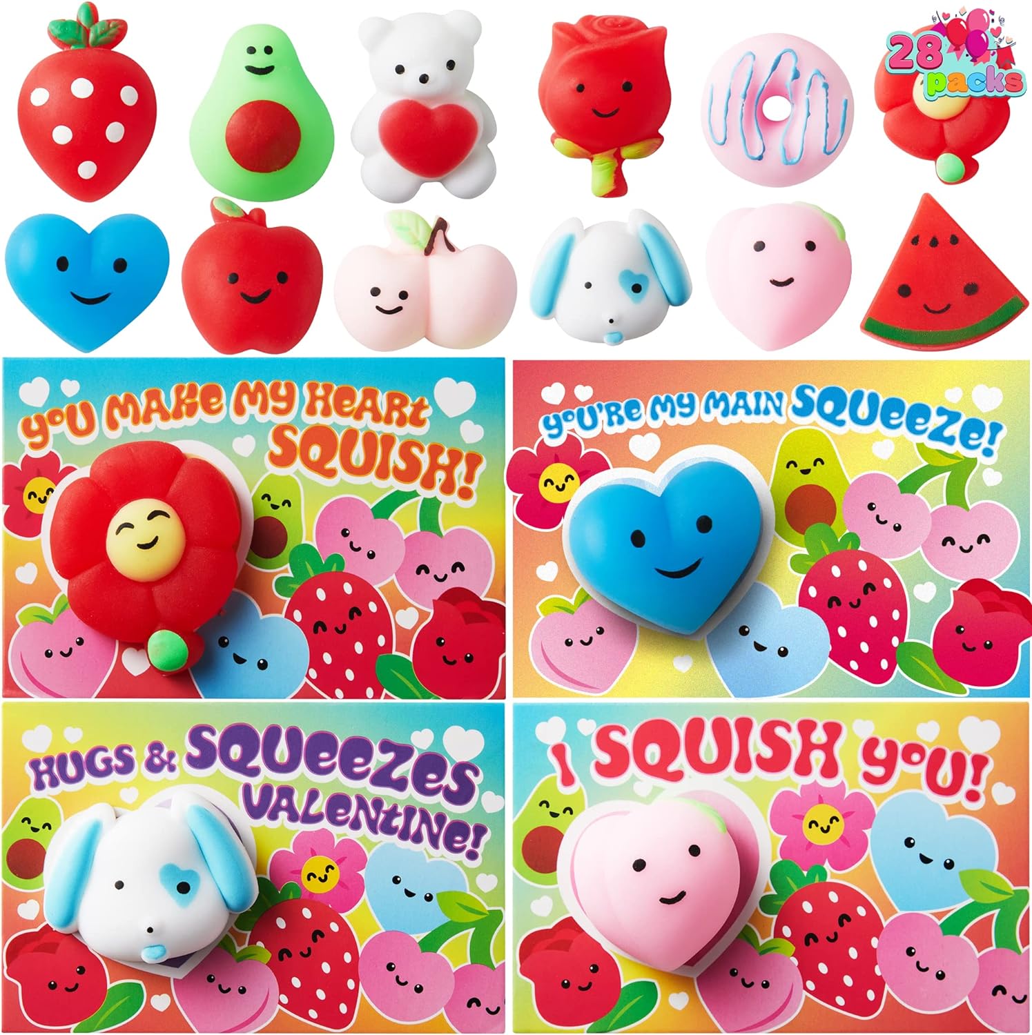 JOYIN 28 Packs Valentines Day Gift Cards with Mochi Squishy Toys, Kawaii Mochi Squishy Toy to Squeeze Toy Stress Relief Fidget Toy for Kids Valentine Party Favor Classroom Exchange Prizes