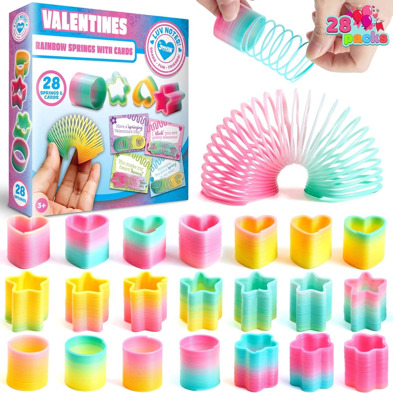 JOYIN 28 Packs Rainbow Springs with Valentine' Day Cards, Bright Colors Coil Spring Toy Bulk, Stress Relieve Anxiety Toys for Kids Birthday Gift, Game Prizes and Party Favors