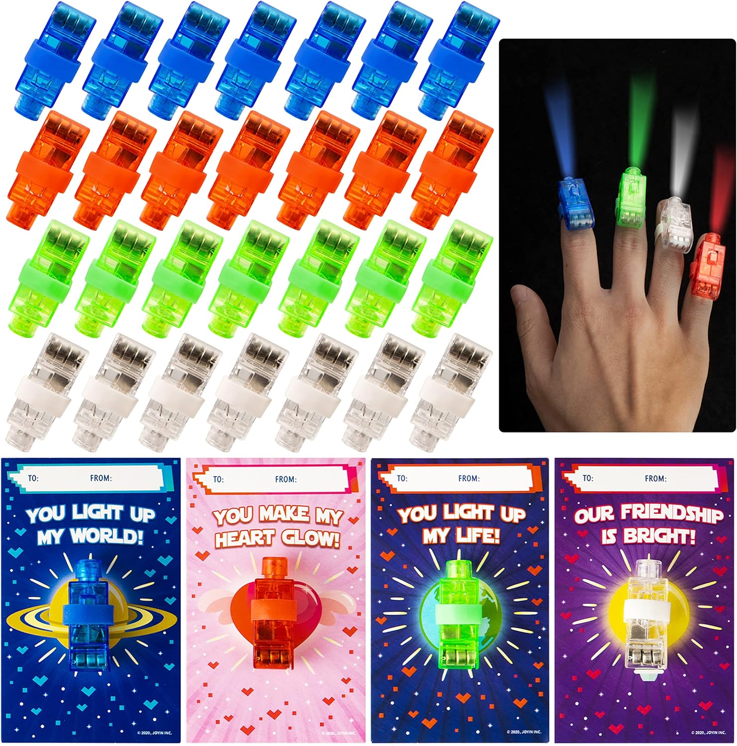 JOYIN 28 Packs Valentines Cards with LED Finger Lights, Light Up Finger Beams Lights Glow in the Dark Toys for Kids Valentines Day Gift Exchange, Birthday Holiday Party Favors