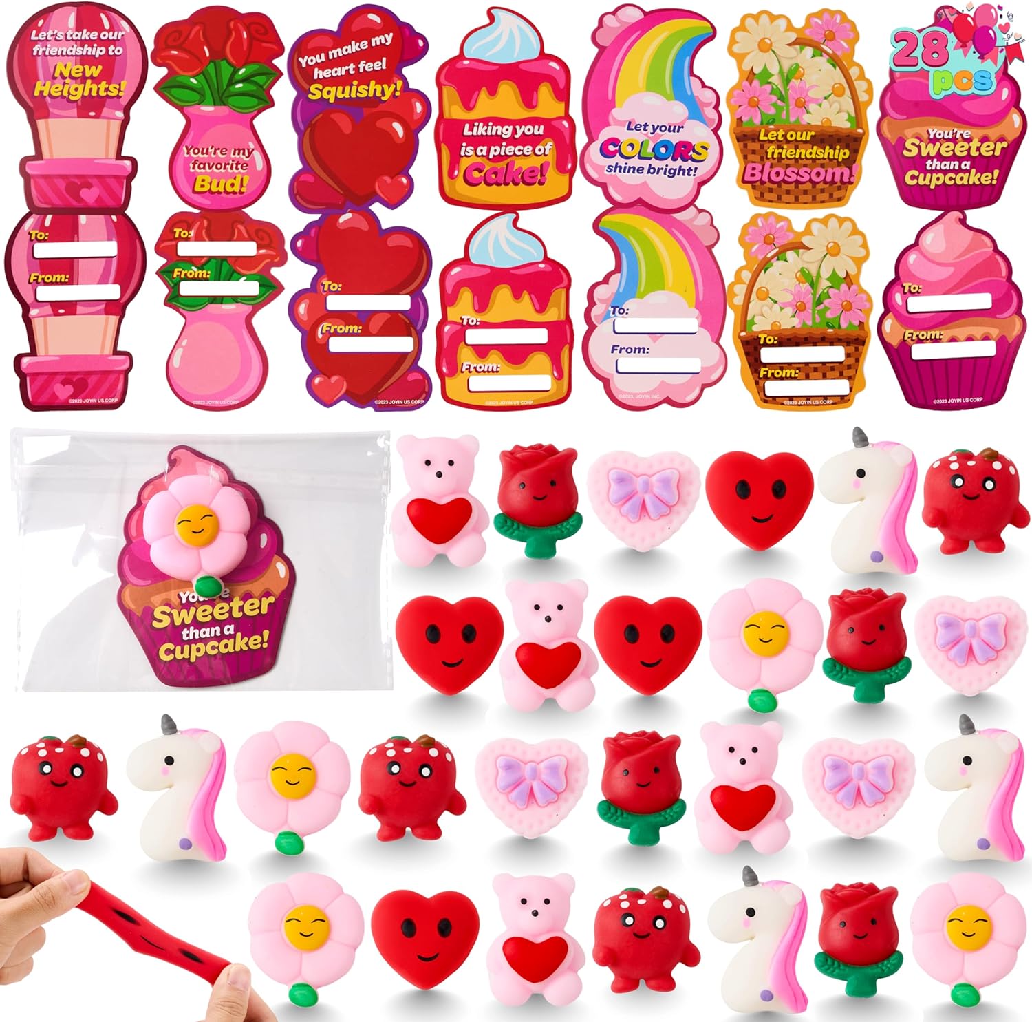 JOYIN 28 Packs Valentines Day Gift Cards with Mochi Toys, Stress Relief Fidget Toys, Cute Miniature Novelty Squeeze Toys for Kids Valentine' Party Favors, School Exchange and Goody Bag Fillers