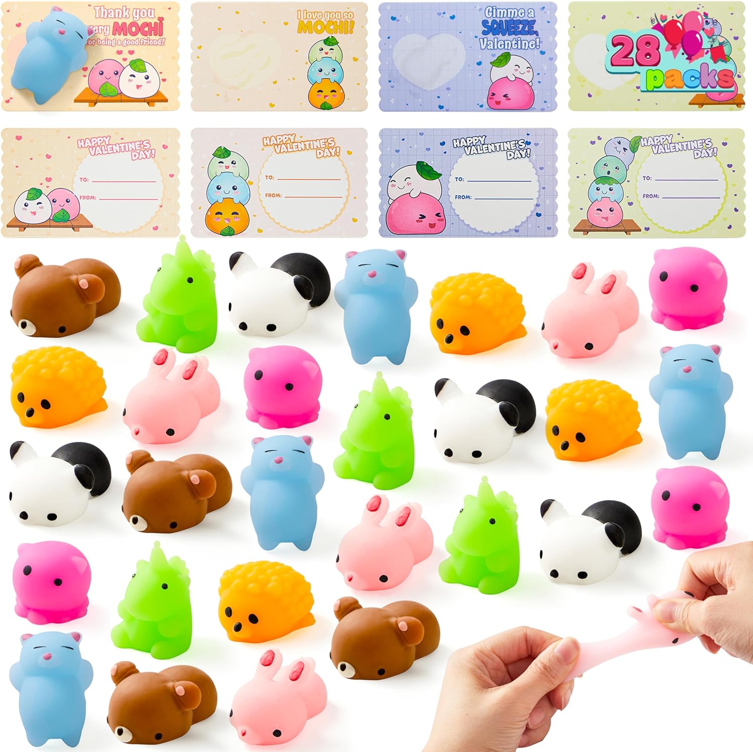 JOYIN 28 Packs Valentines Day Gift Cards with Gift Cute Kawaii Mochi squishy toy to Squeeze Stress Relief Fidget Toy Mochi squishy toys for Kids, Classroom Exchange Prizes Valentine Party Favor Toy