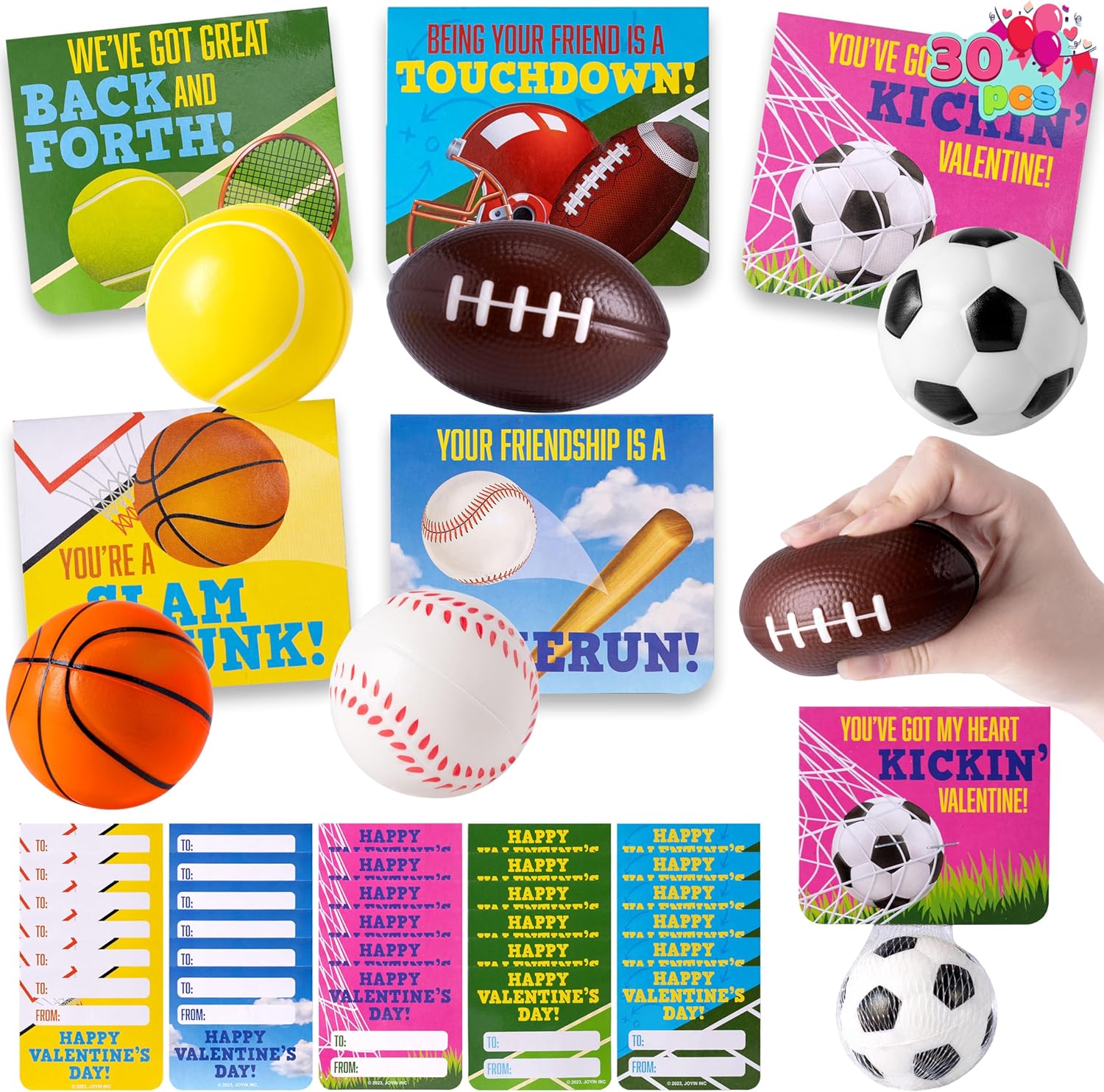 JOYIN 30 Packs Valentines Day Sport PU Balls with Gift Card, Mini Sports Ball Squeeze Foam for Classroom Exchange Gift for Kids, Holiday Party Favor Toys, Reward Prizes, Stress and Anxiety Relief