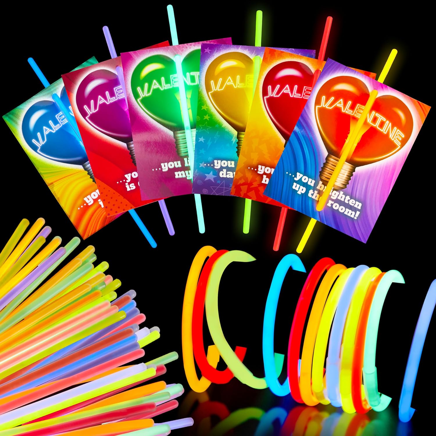 JOYIN 36 Packs Neon Valentines Day Gift Cards with Glow Stick Bracelets, Glow in the dark Necklaces for Valentine' Party Favor, Valentine Classroom Exchange Cards, Valentine School Prize