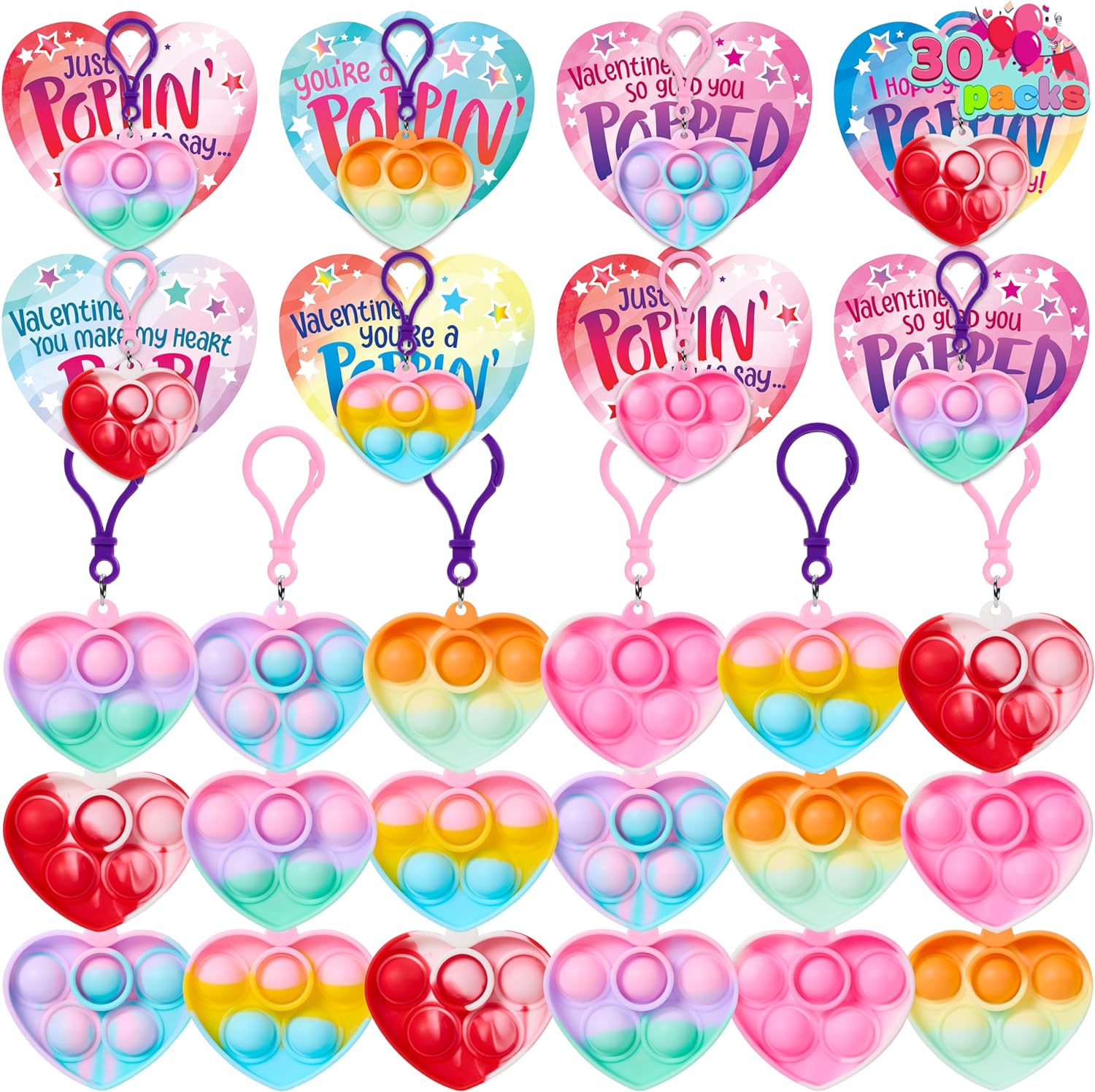 JOYIN 30 Packs Valentines Day 6-Design Gift Cards with Heart Pop Bubble Keychain, Mini Pop Squeeze Toys, Stress Relief Fidget Toys for Kids Valentine' Party Favors and School Classroom Prize