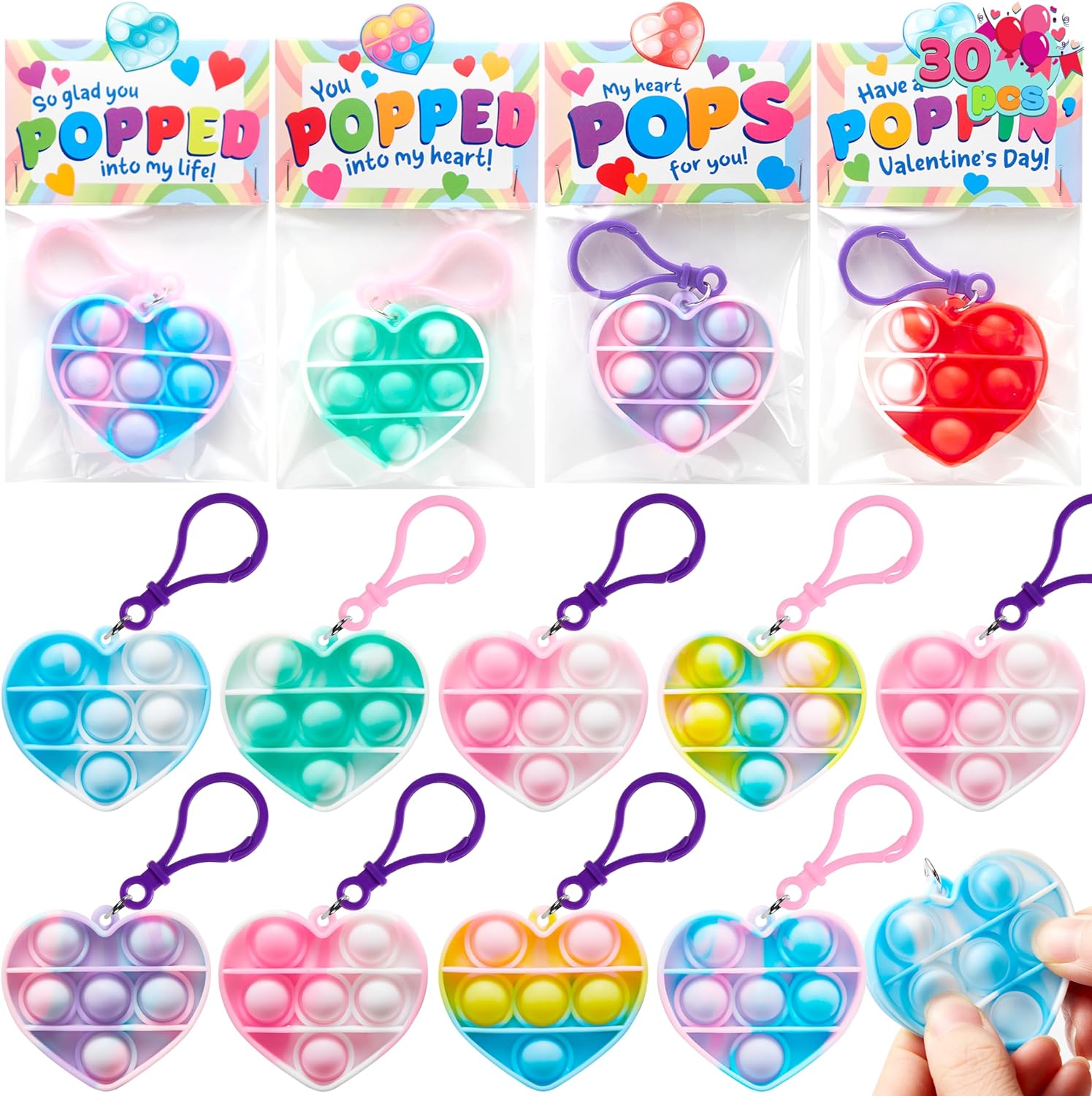 JOYIN 30 Packs Valentines Day Gift Cards with Heart Pop Bubble Keychain, Mini Pop Squeeze Toys, Stress Relief Fidget Toys for Kids Valentine' Party Favors, Classroom Exchange and Game Prizes