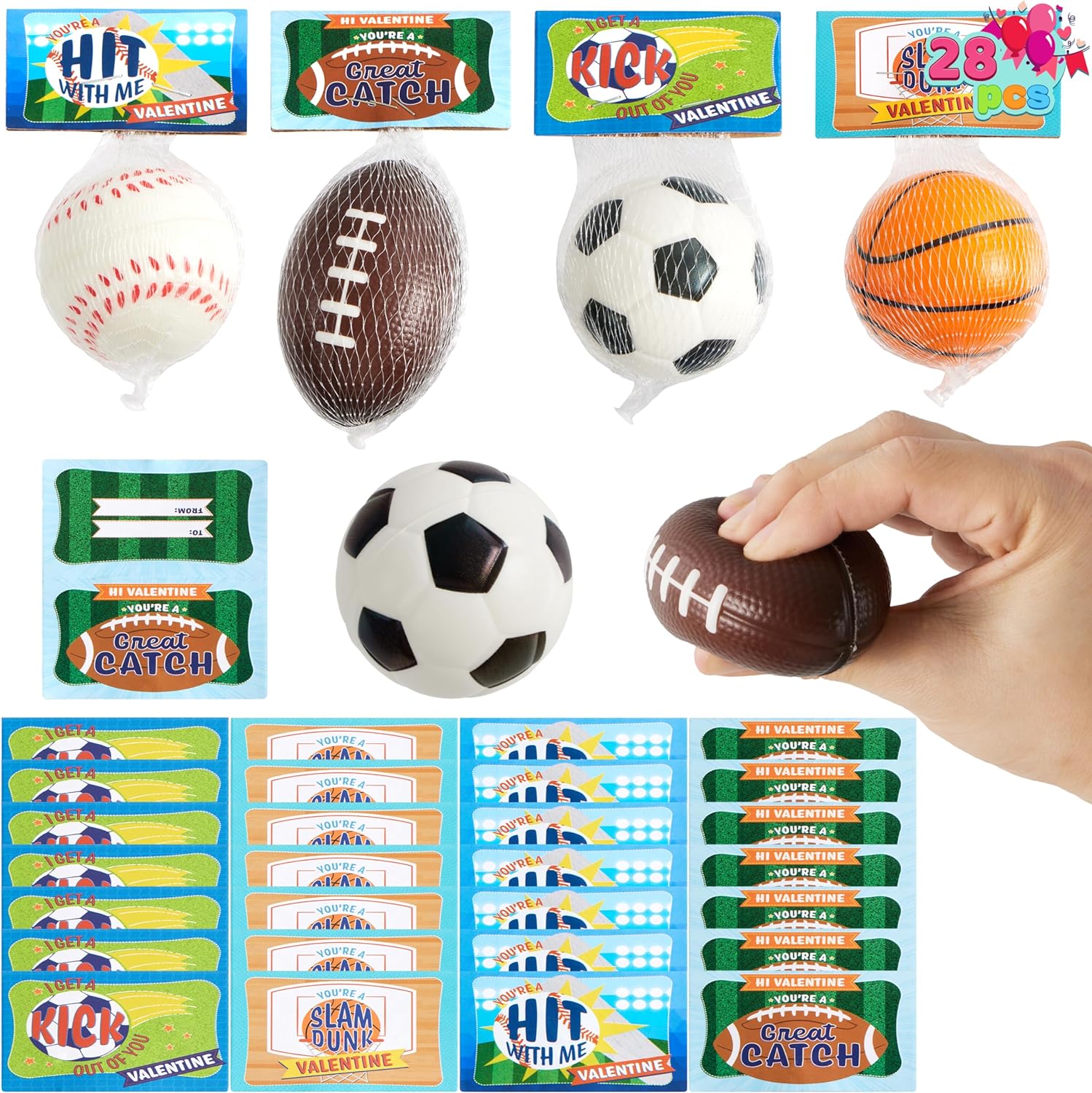 JOYIN 28 Pack Kids Valentines Day Gift Cards with Gift Mini Sports Ball Figure Stress Balls Squeeze Foam Balls for Classroom Exchange Prizes, Stress Relief / Anxiety Relief, Valentine Party Favor Toys