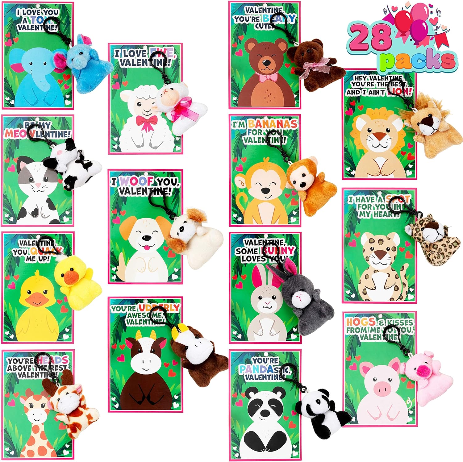 JOYIN 28 Pack Valentines Day Gifts Cards for Kids with Animal Plush Toy Key Chain Stress Relief Fidget Toy for Valentine' Classroom Exchange Cards and Valentines Party Favor