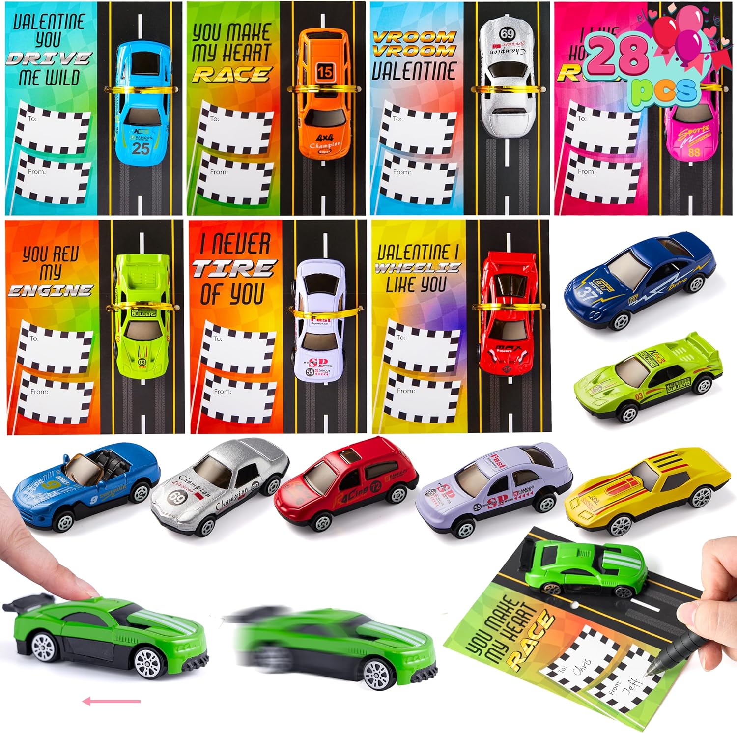 JOYIN 28 Valentines Day Die-Cast Racing Cars Gift Cards for Kids with Valentines School Classroom Exchange Greeting Cards, Vehicle Party Favor Toy Supplies