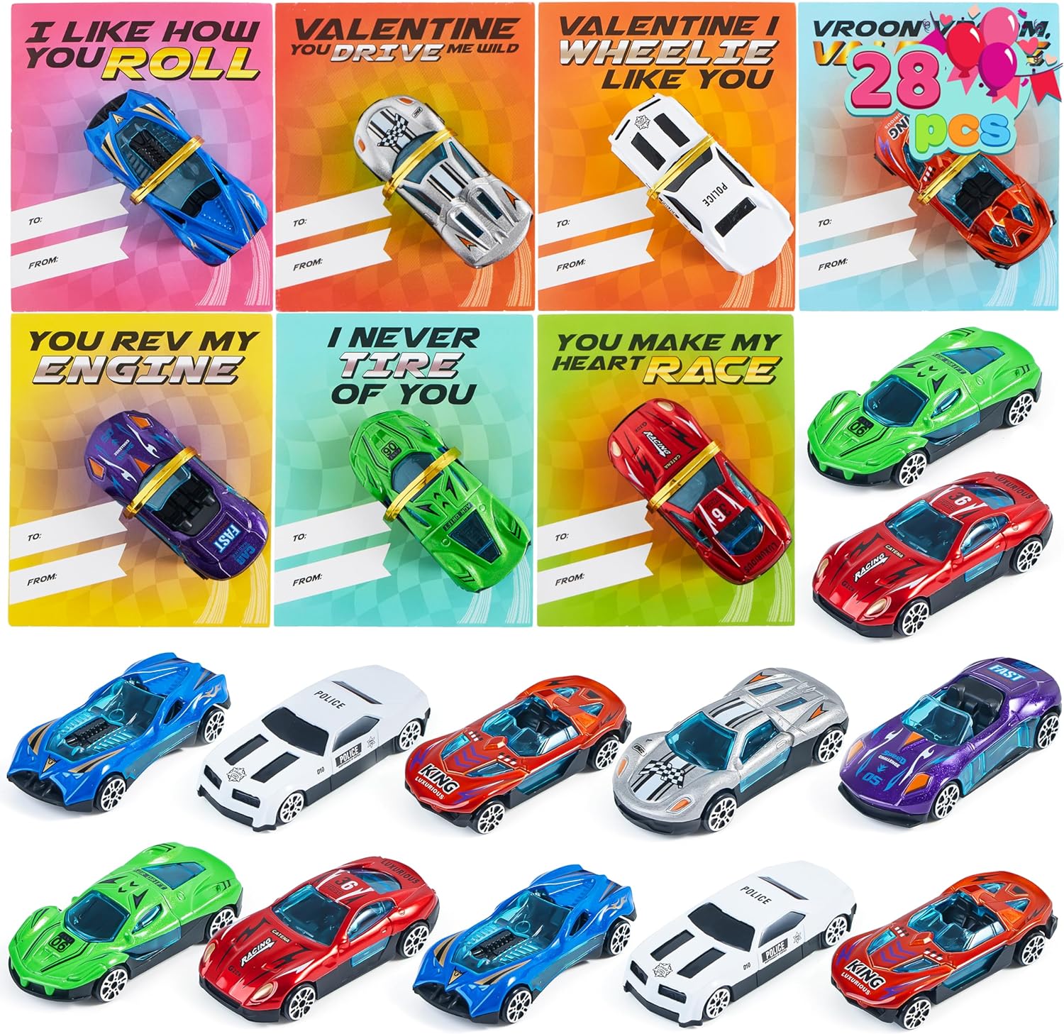 JOYIN 28 Valentines Day Gifts Cards with Die-Cast Racing Cars Vehicle for Kids Valentines School Classroom Exchange Party Favor Gift Supplies