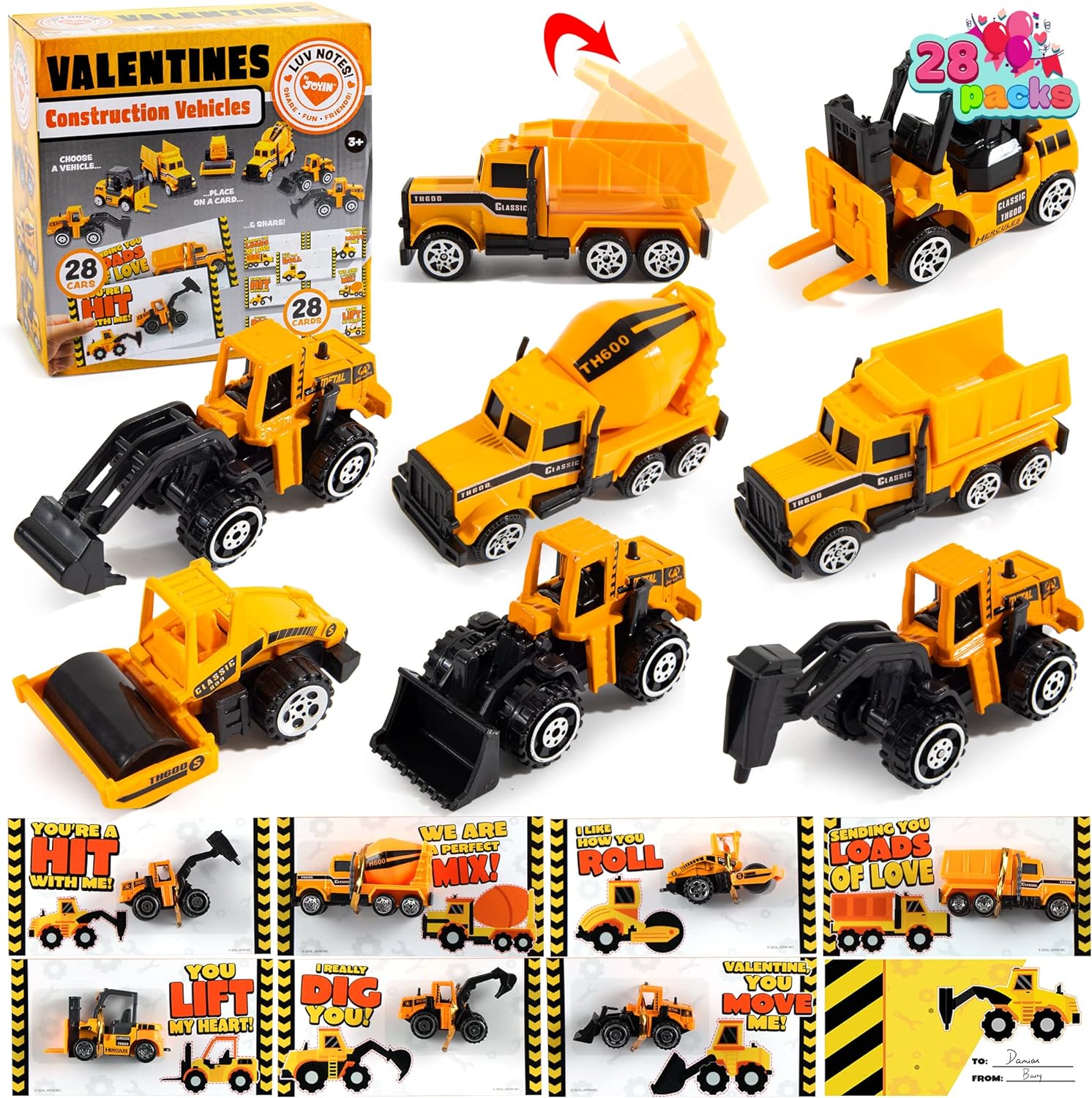 JOYIN 28 Pack Valentines Party Gift Cards with Mini Construction Vehicle Toy Set for Kids Valentine' Classroom Exchange Prizes Valentine Party Favor Toys Including Dump Truck, Excavator and More