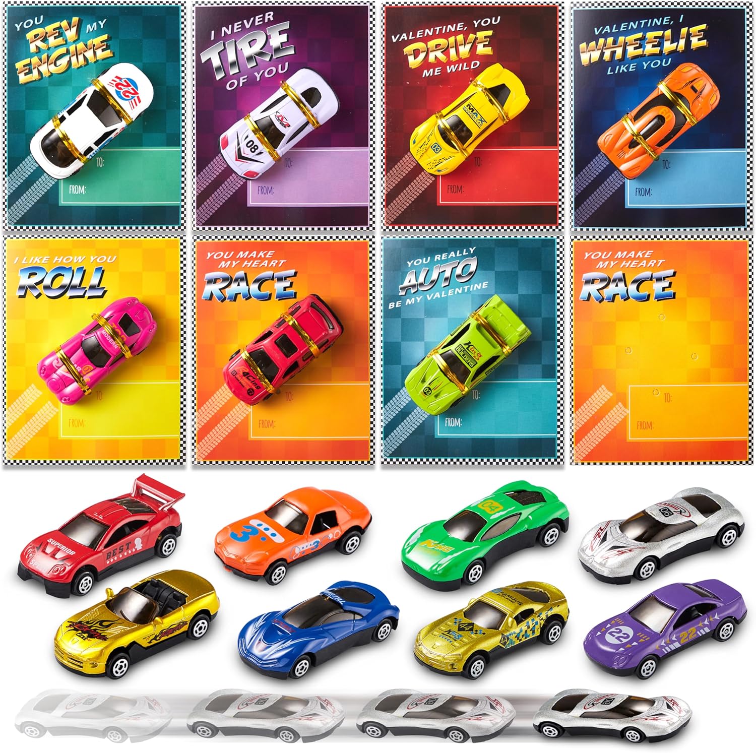 JOYIN 28-Count Valentines Day Gifts Cards, Valentine' Greeting Cards for Kids with Die-Cast Racing Cars Valentine Classroom Exchange Party Favor Toy