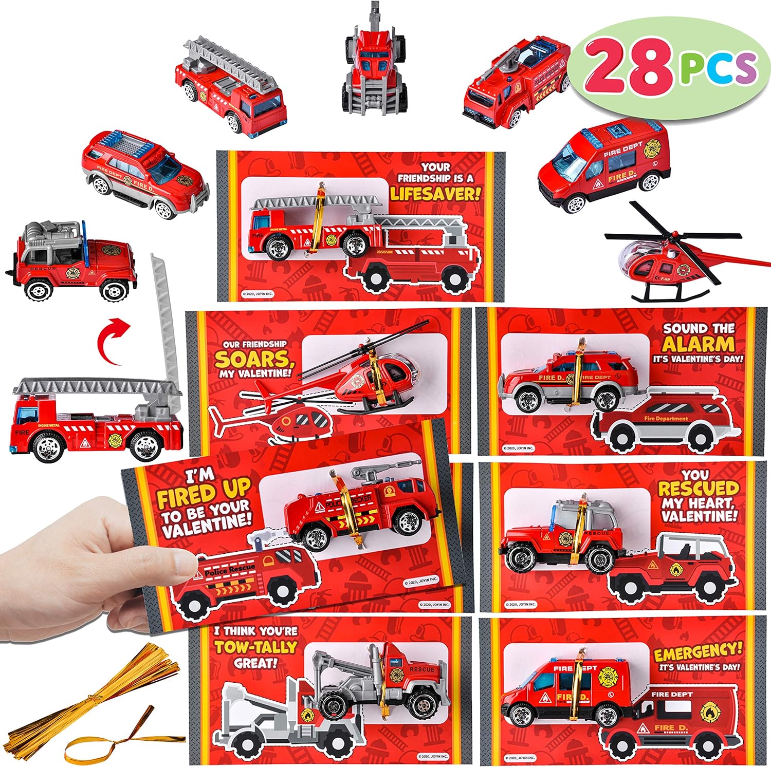 JOYIN 28 Packs Valentines Day Cards with DieCast Fire Rescue Vehicles Toys for Kids Valentine Party Favor, Classroom Exchange Prize and Gifts for Boys, Valentines Greeting Cards