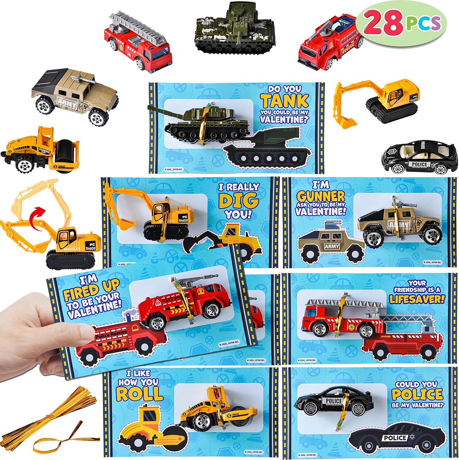 JOYIN 28 Packs Valentines Day Cards with DieCast City Vehicles Toys for Kids Valentine Party Favor, Classroom Exchange Prize and Gifts for Boys, Valentines Greeting Cards