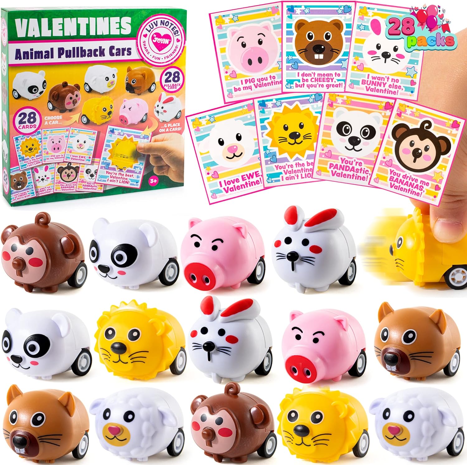 JOYIN 28 Packs Animal Pull-Back Car with Valentine Gift Cards, 7 Design Valentines Day Gift Set for Kids Party Favor, Classroom Exchange Prize, Valentines Greeting Cards