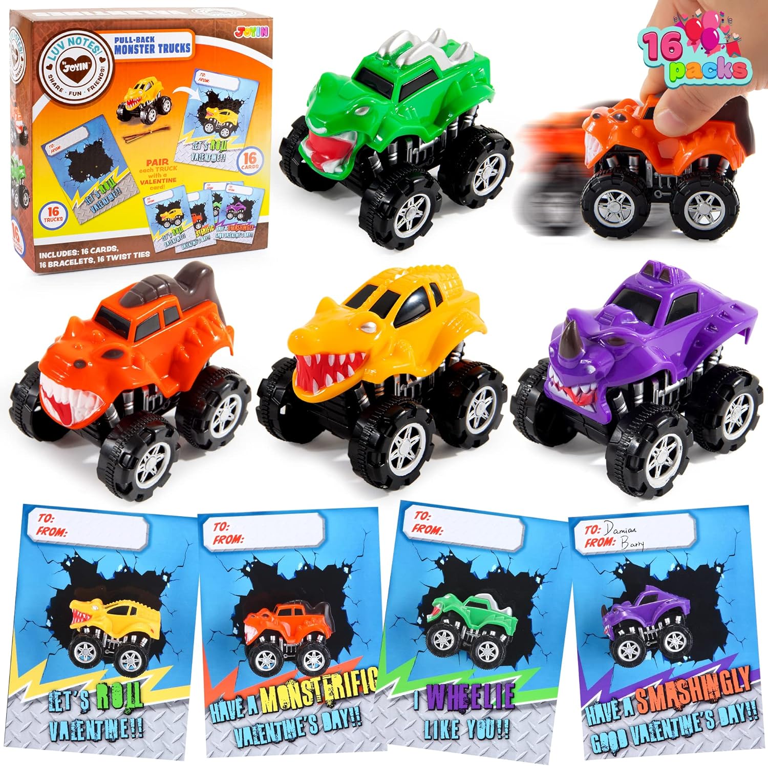 JOYIN 16 Pack Valentines Day Gift Cards with Gift Pull Back Monster Truck Toys for Valentine' Classroom Exchange Prizes Valentine Party Favor Toys