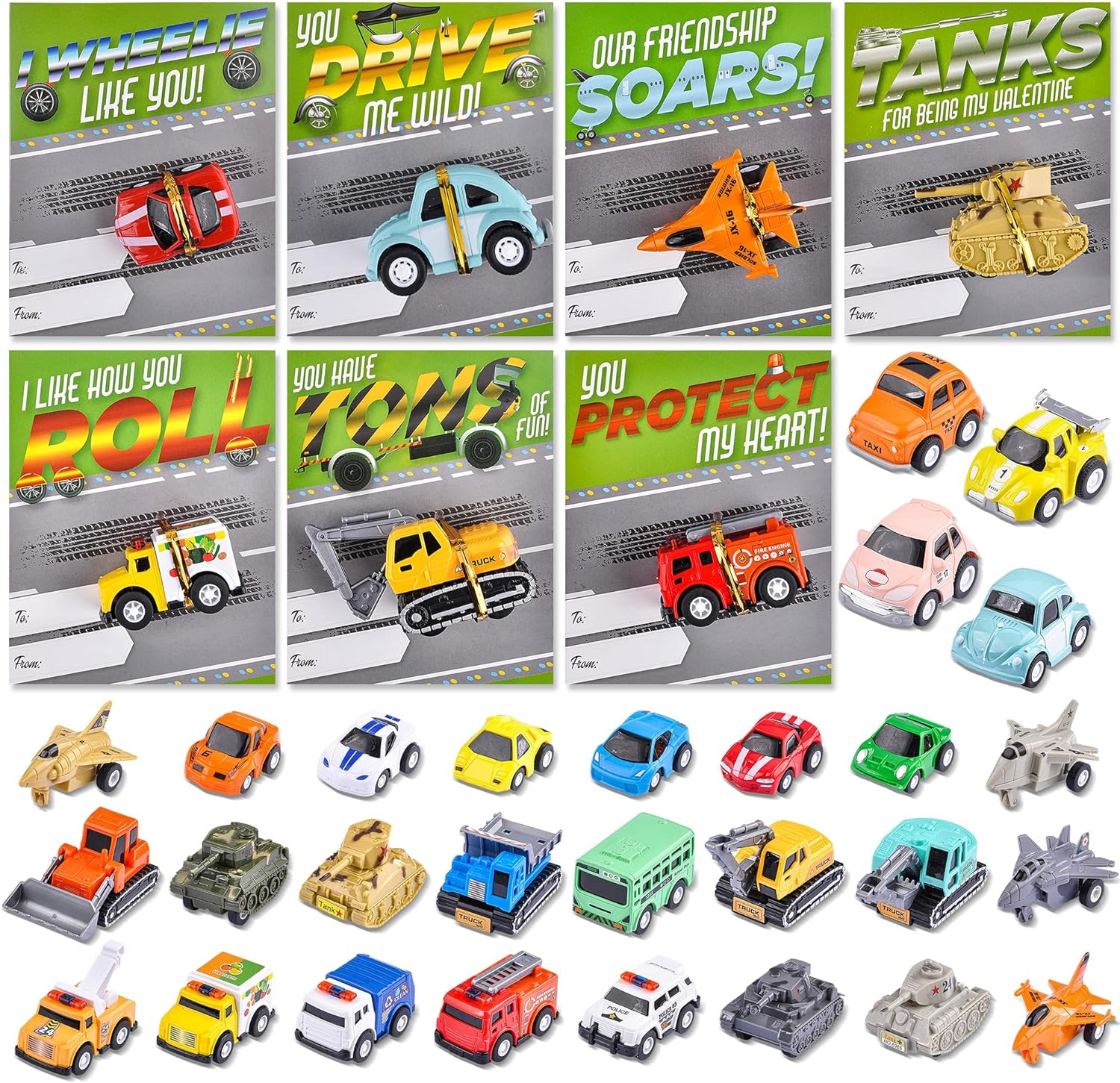 JOYIN 28 Pack Valentines Day Card with Pull Back Cars Vehicle Toys Kits Valentines Day Gift Set for Valentine Party Favor, Classroom Exchange Prize, Valentines Greeting Cards