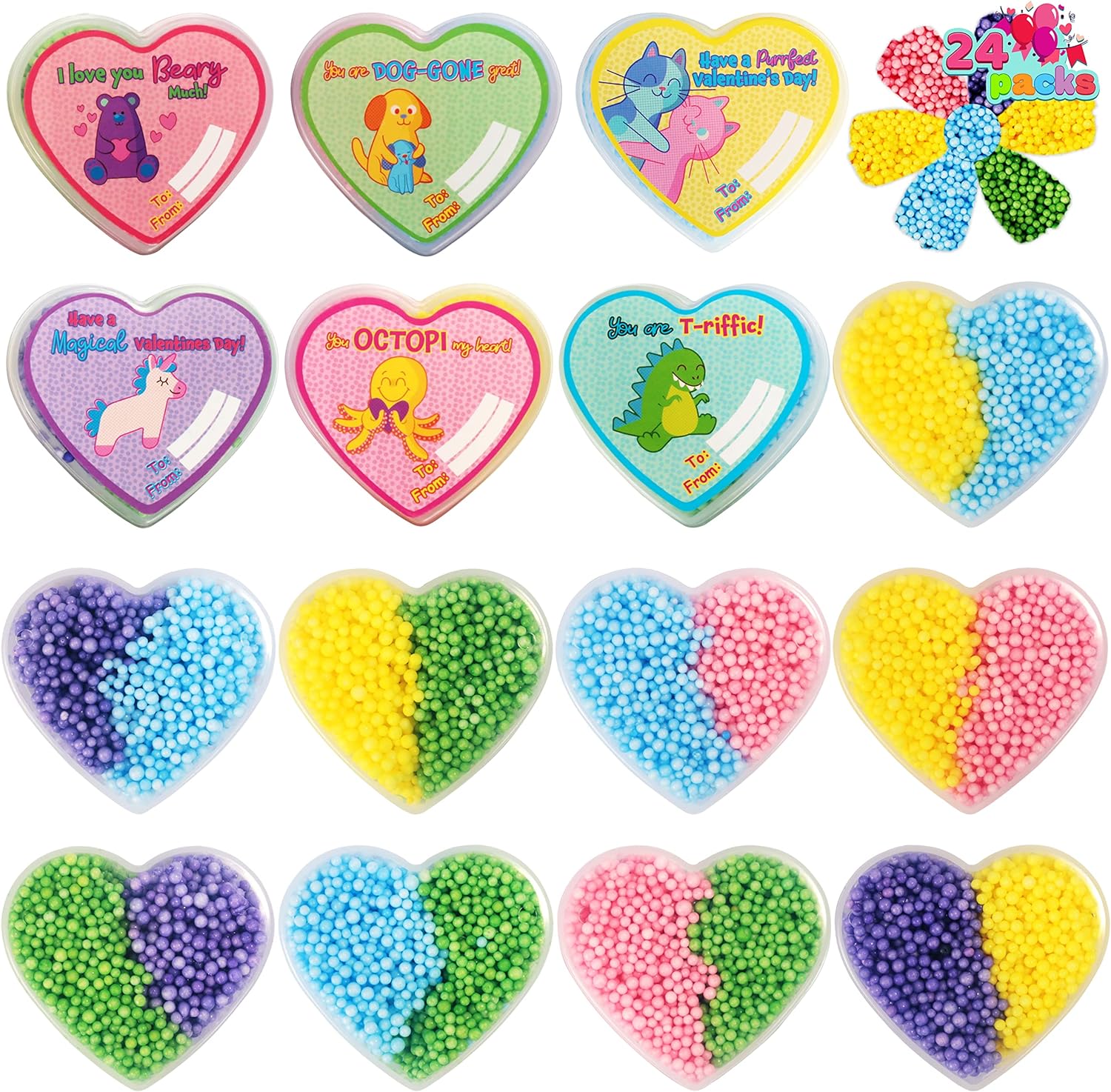 JOYIN 24 Pcs Valentine' Day Multicolor Foam Slime Toys, Squish Toy Fun Foam Slime Party Favors Filled with 24 Pack Heart Shape Box for Kids for Valentine Party Favors, Gift Exchange and Game Prizes