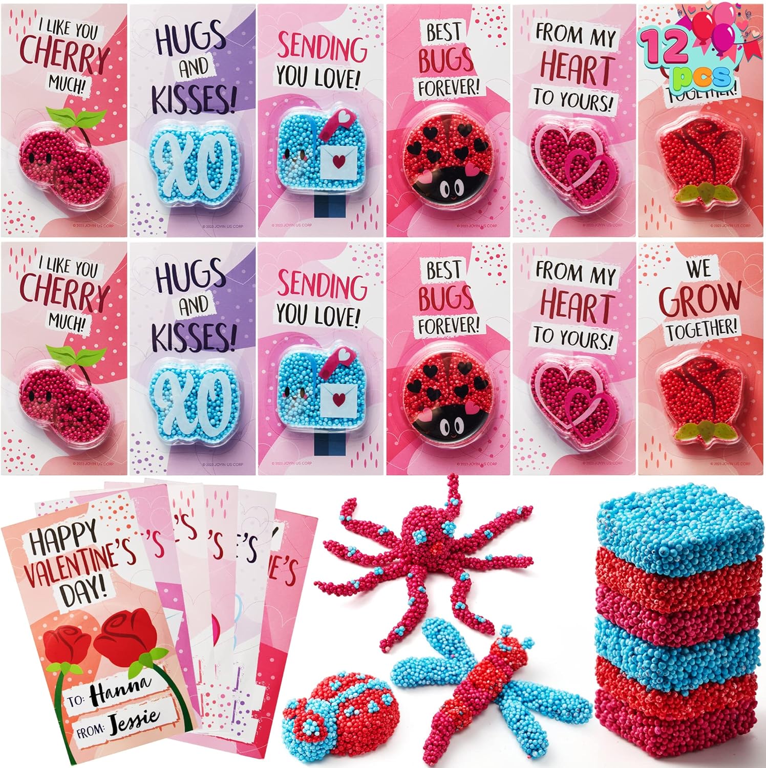 JOYIN 12 PCS Valentines Fun Foam Clay with Greeting Cards, Squashy Modeling Foam Beads Play Kits for Classroom Gift Exchange, Valentine' Party Favors, School Games Prizes