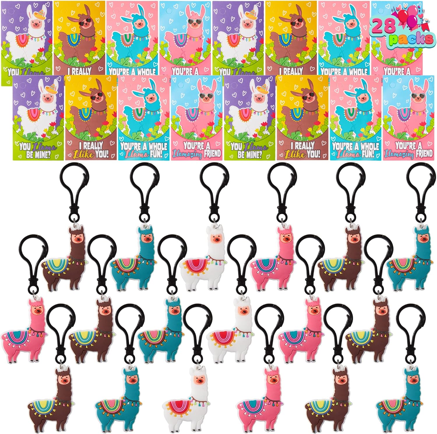 JOYIN 28 Pack Valentines Day Gifts Cards for Kids with Llama Key Chain for Valentine' Classroom Exchange Cards and Valentines Party Favor