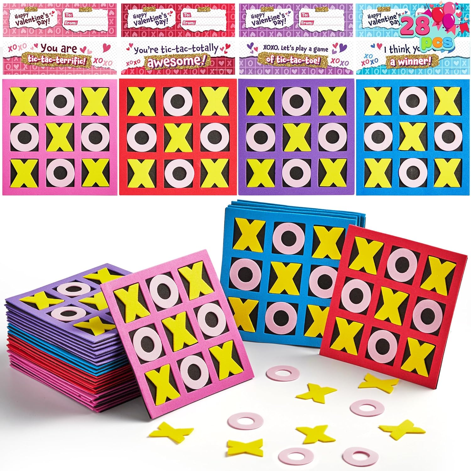 JOYIN 28 Pack Valentines Day Gifts Cards with Foam Tic-Tac-Toe Mini Board Game Toys, Tic Tac Toe for Valentine' Party Favors, Goody Bag Fillers, Classroom Prizes, Classroom Exchange