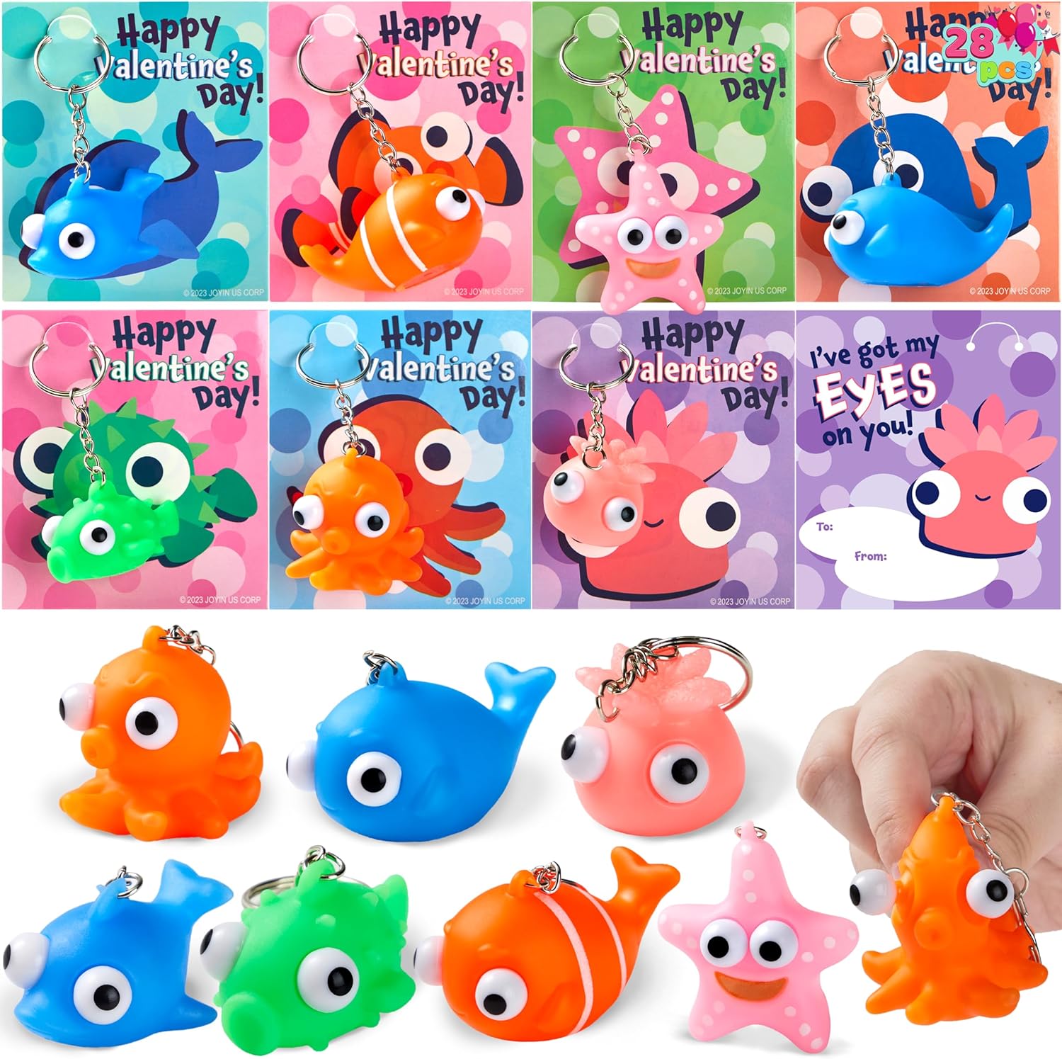 JOYIN 28 Packs Valentine' Day Gift Cards with Sea Animal Unzip Popping Eyes Keychains for Kids Party Favor, Classroom Exchange Gifts, Valentines Greeting Cards, Classroom Prizes