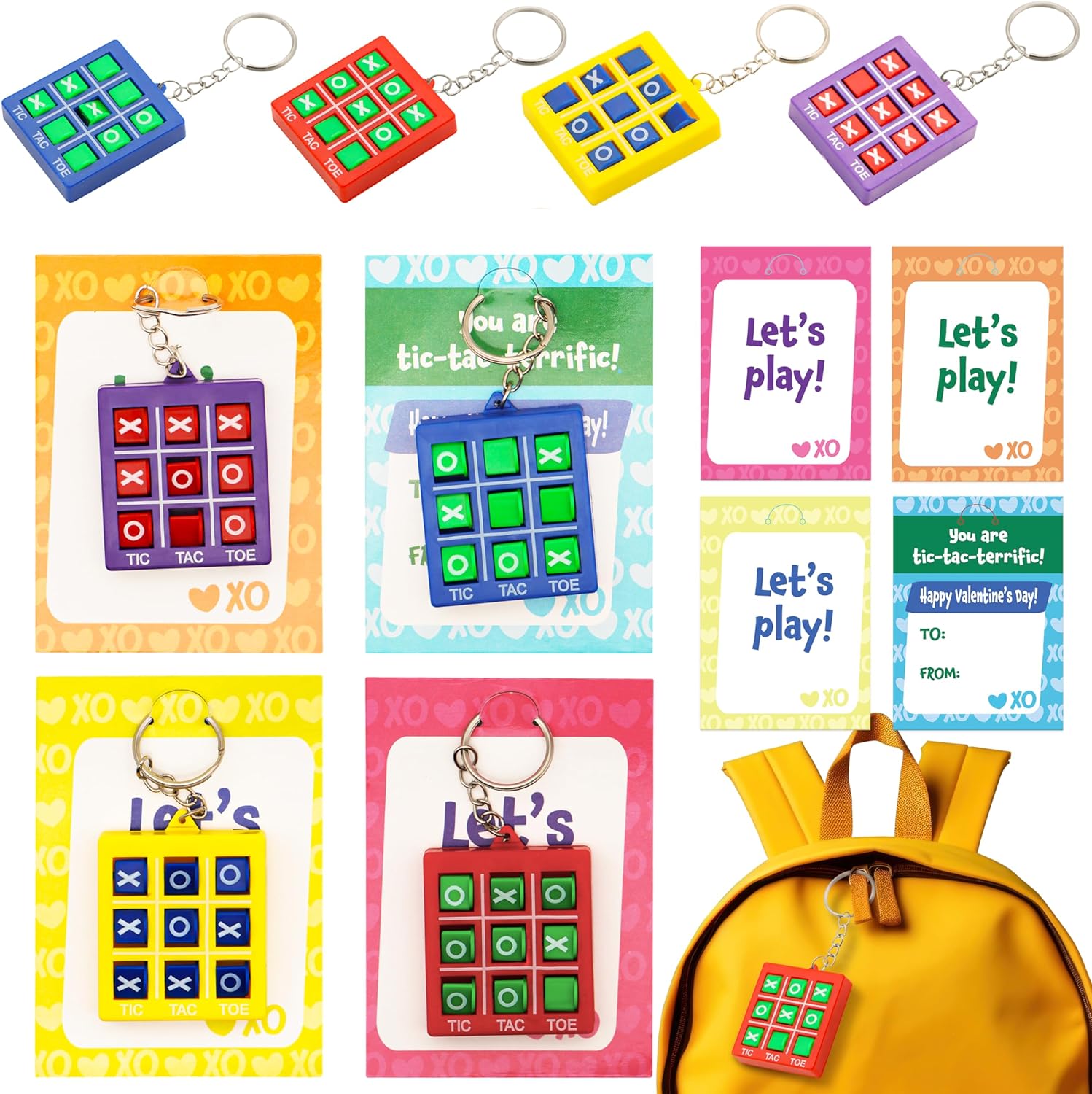 JOYIN 28 Pcs Valentine' Day Gift Cards with Tic-Tac-Toe Keychain, Valentines Days Keychain Set for Kids Party Favor, Classroom Exchange Prizes, Valentines Greeting Cards