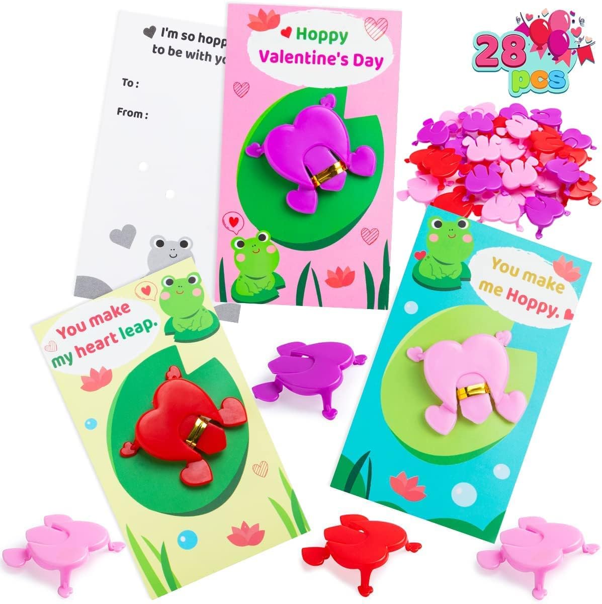 JOYIN 28 Valentine Jumping Frogs with Gift Cards for Kids Valentine' Day Party Favors, Gift Exchange, Greeting Cards and Game Prizes