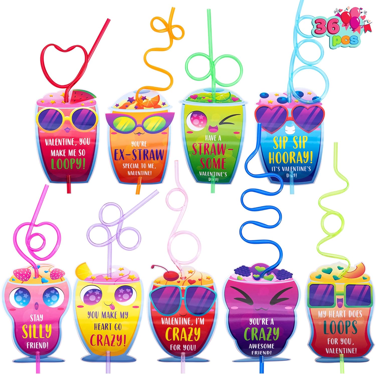 JOYIN 36 Pack Valentines Day Gift Cards with Colorful Loop Reusable Drinking Straws for Valentine Party Favors Toy,Kids Valentine Classroom Gift Exchange Prizes