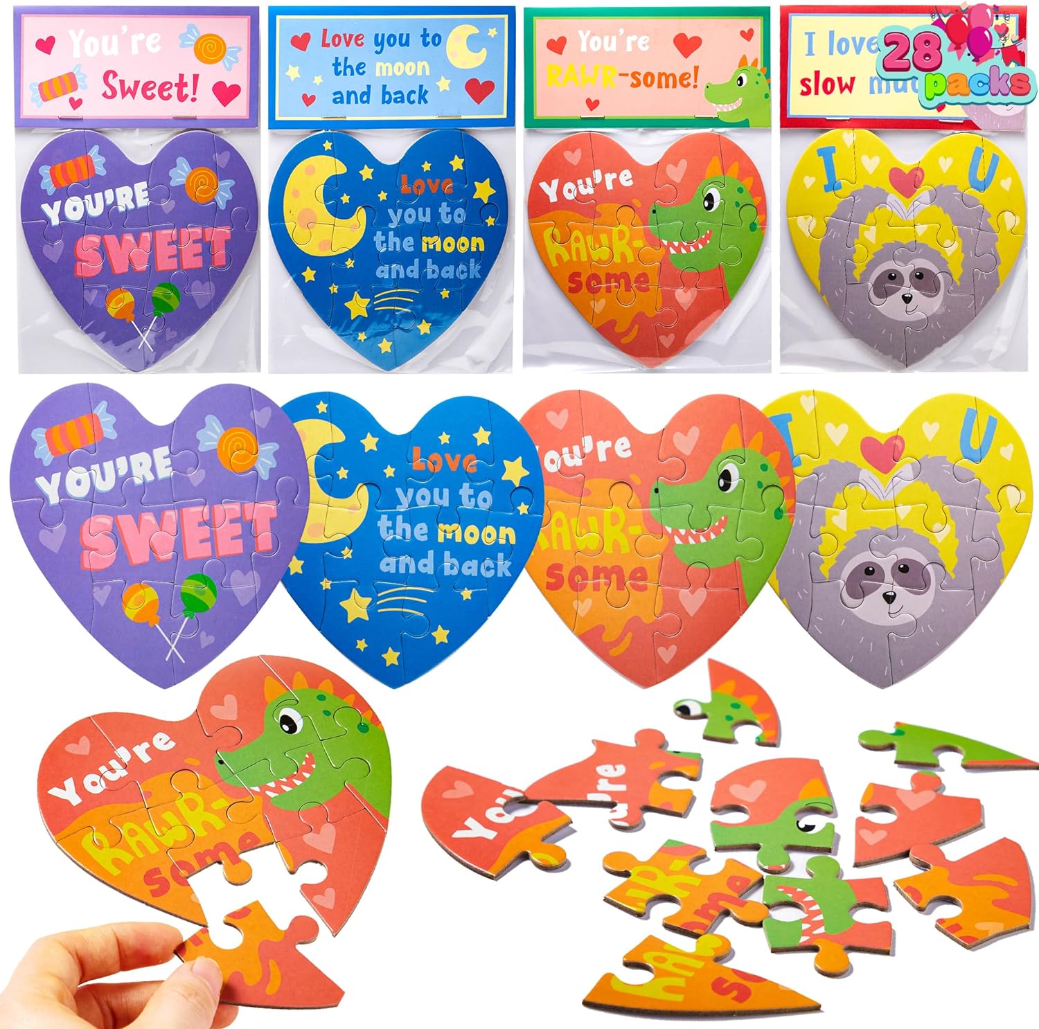 JOYIN 28 Pack Valentine' Day Gift Cards with Heart Jigsaw Puzzle Set for Valentine' Classroom Exchange Prizes Valentine Party Favor Toys