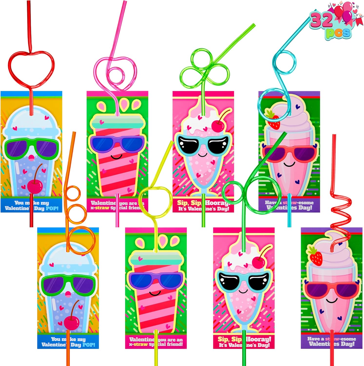 JOYIN 32 Pack Valentines Day Gift Cards with Gift Colorful Crazy Loop Reusable Drinking Straws for Classroom Exchange Prizes, Valentine Party Favors